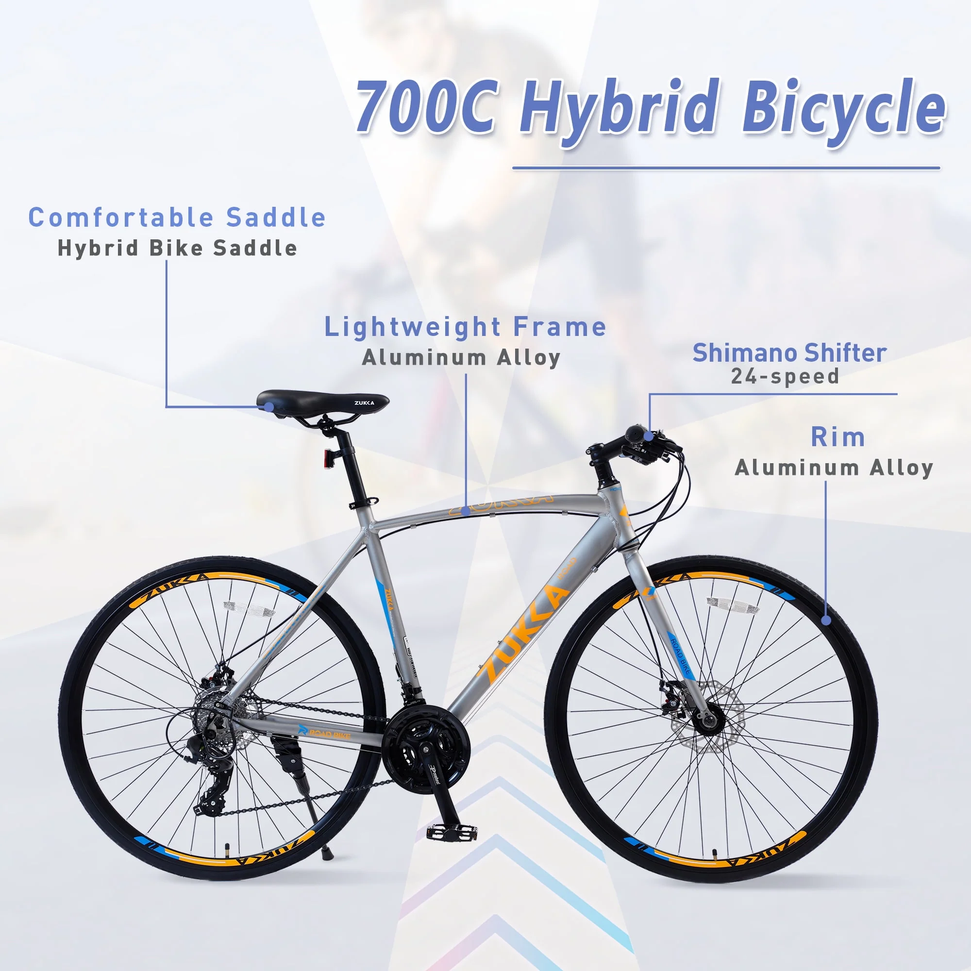 Adult Hybird Bikes for Men Women, 24 Speed 700C Road Bike, Dual Disc Brakes Aluminum Alloy Frame City Bicycle, Silver