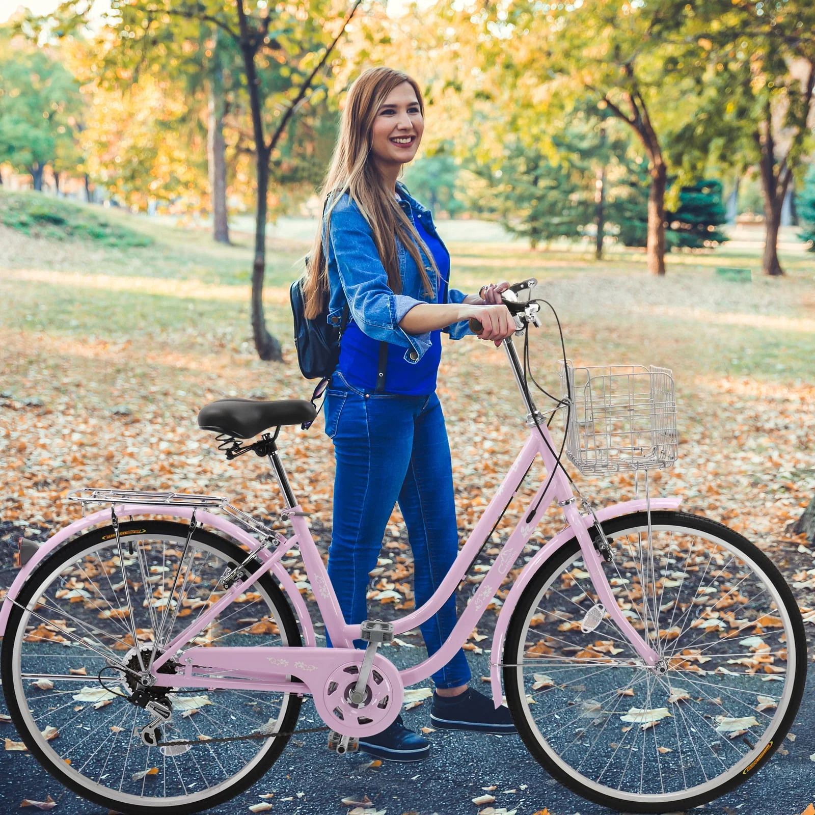 Campingsurvivals 26in 7-Speed Commuter Bicycle, Adjustment Height Multi-Use City Bike Pink