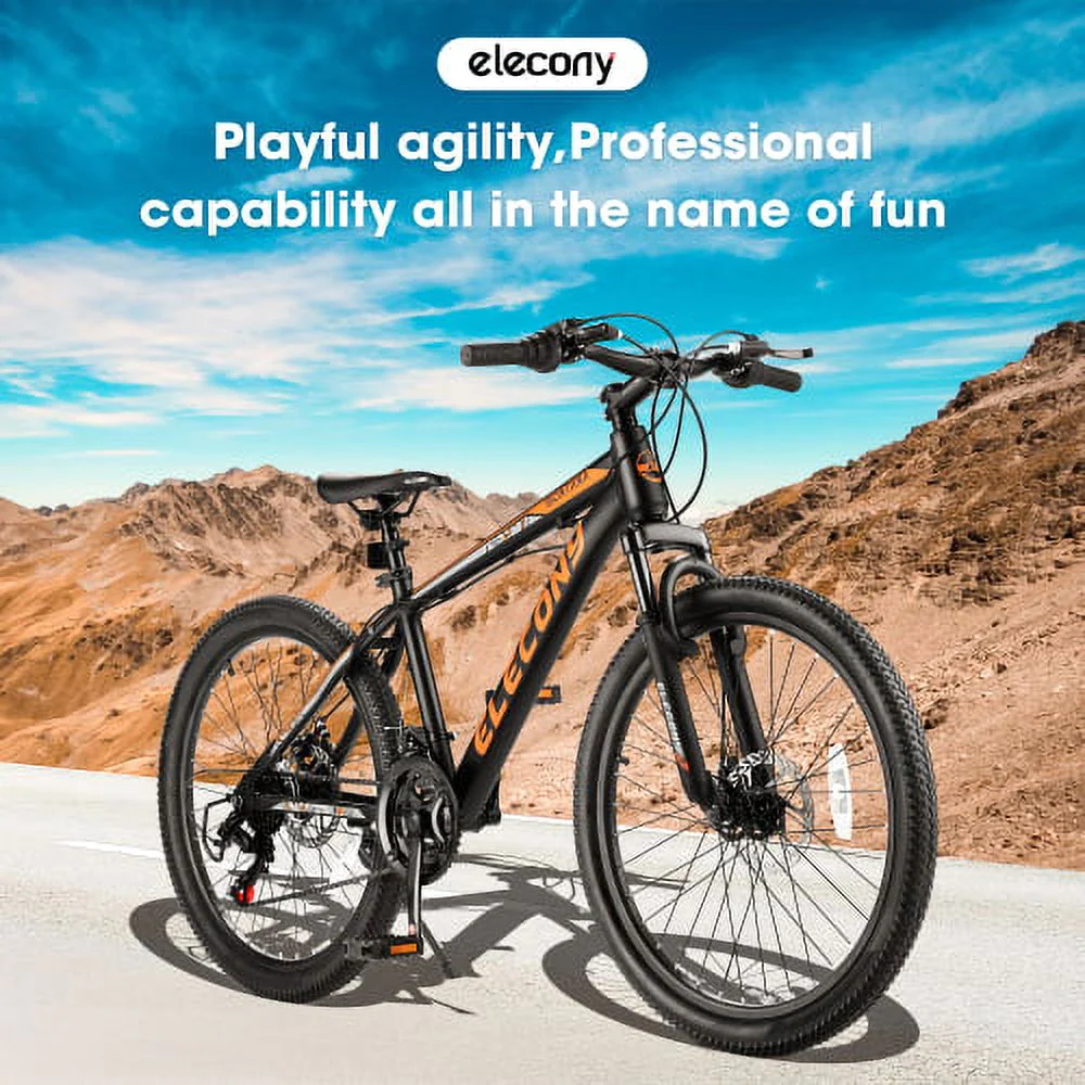 Elecony 24 inch Mountain Bike Bicycle for Adults Aluminium Frame Bike Shimano 21-Speed with Disc Brake- Black