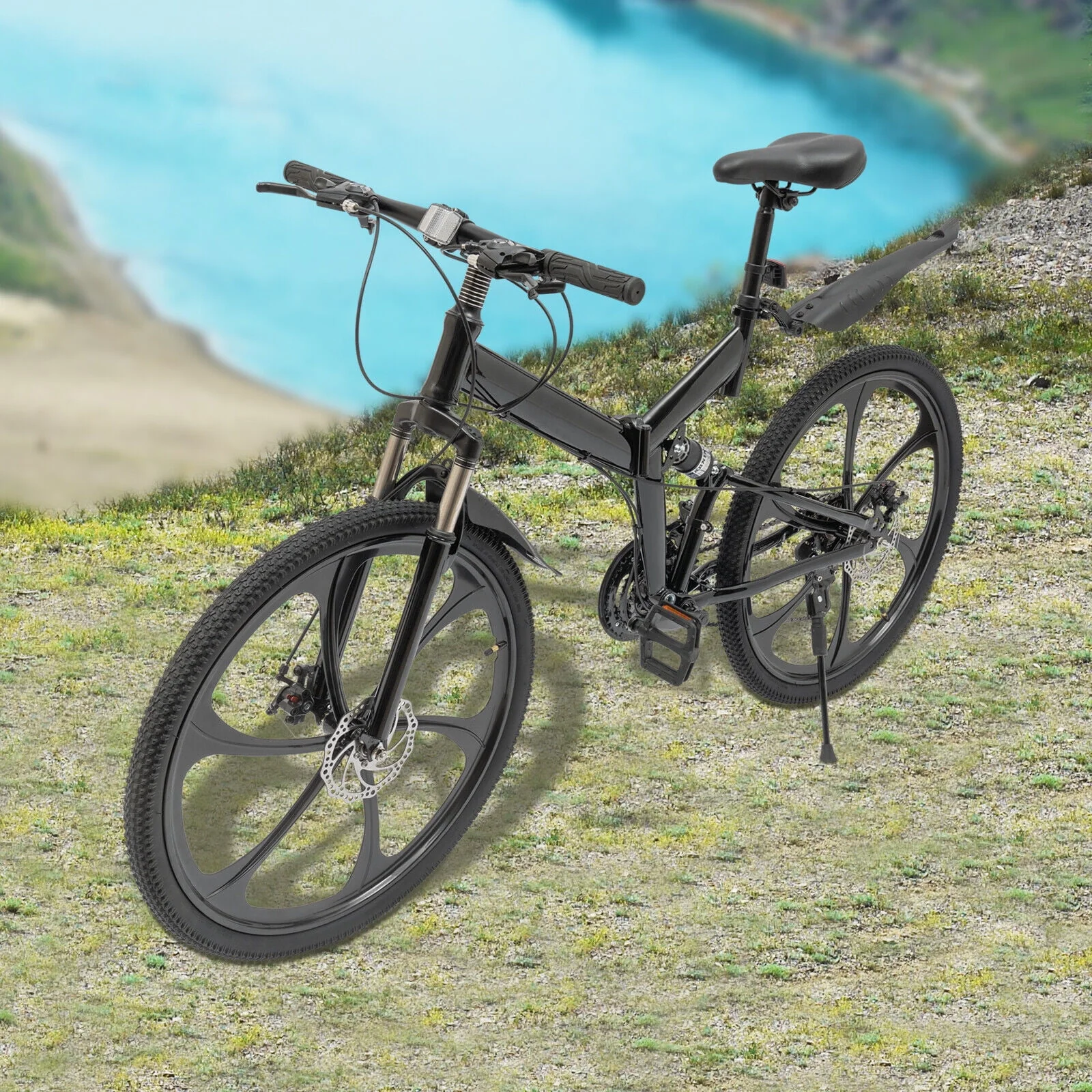 MIDUO Black Folding Mountain Bike 21-Speed Foldable Bicycle Disc Brake Mountain Bike