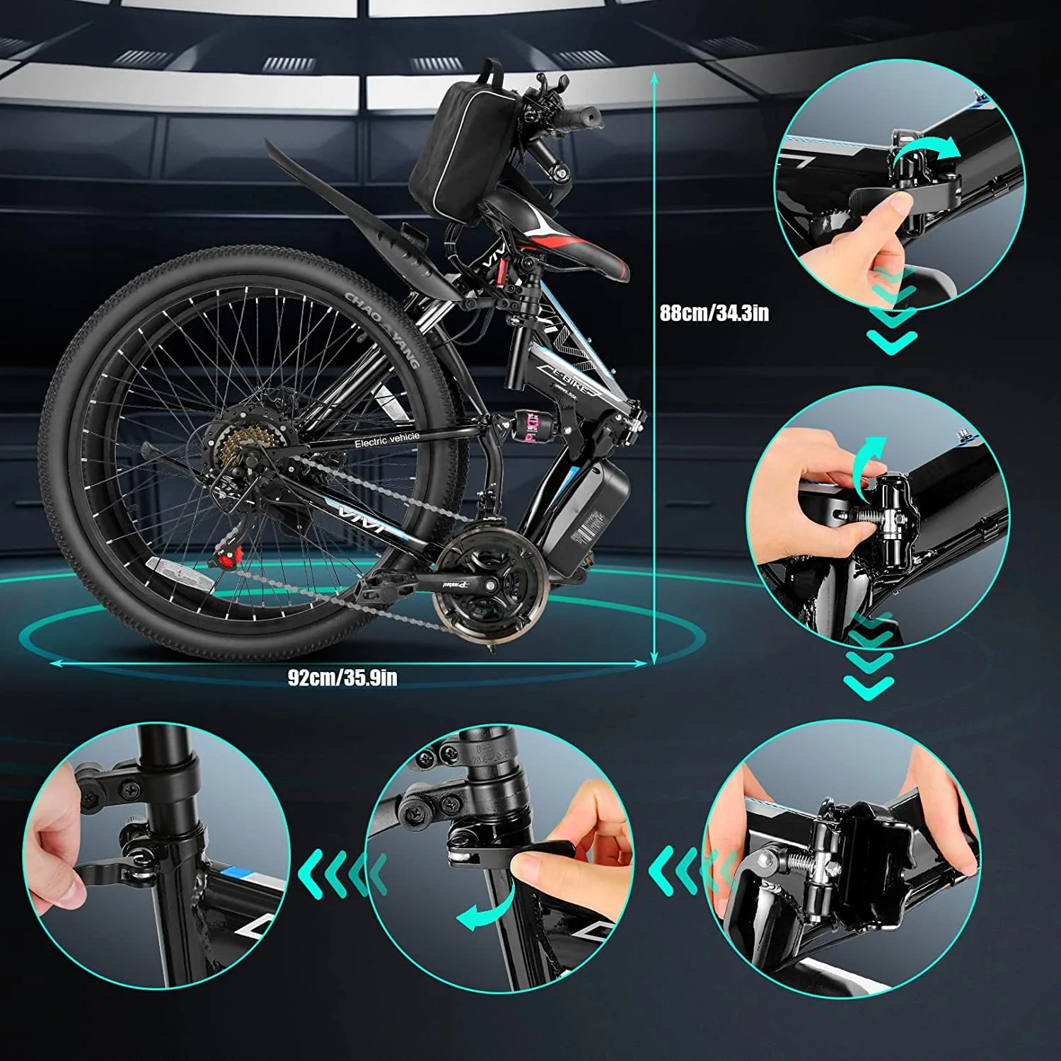 Vivi Electric Bike 26'' Folding Electric Mountain Bike 500W Full Suspension Electric Bike 21 Speed with Cruise Control, 48V Removable Battery, Up to 20MPH & 50 Miles