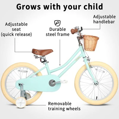 Petimini 16 Inch Steel Frame Child Bicycle with Wicket Basket, Handlebar Bell, Training Wheels, Adjustable Seat, and Parent Handle, Ages 4 to 8, Mint
