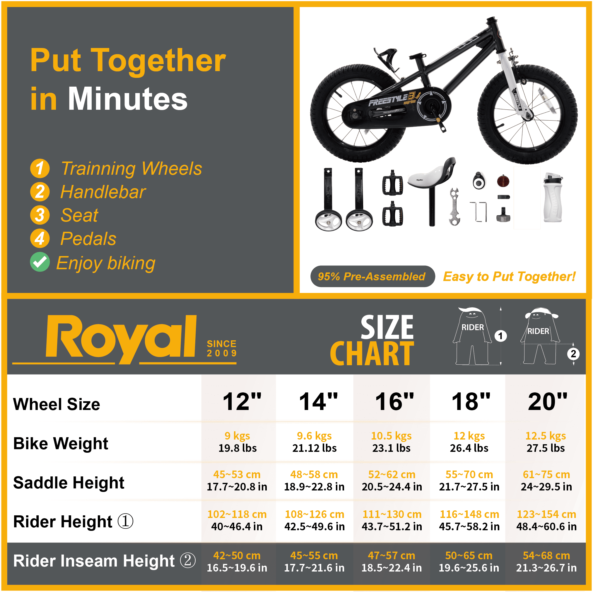 Royalbaby Boys Girls Kids Bike 16 In BMX Freestyle Black 2 Hand Brakes Bicycles with Training Wheels Child Bicycle