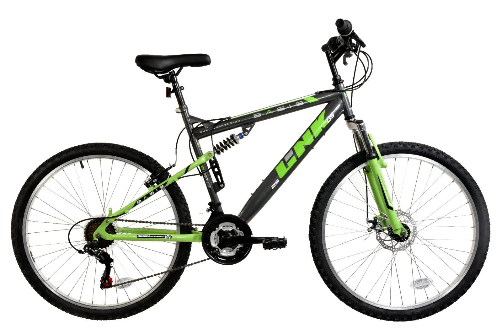 Basis Link Full Suspension Mountain Bike 26" Wheel MTB 18 Speed Shimano Grey/Grn