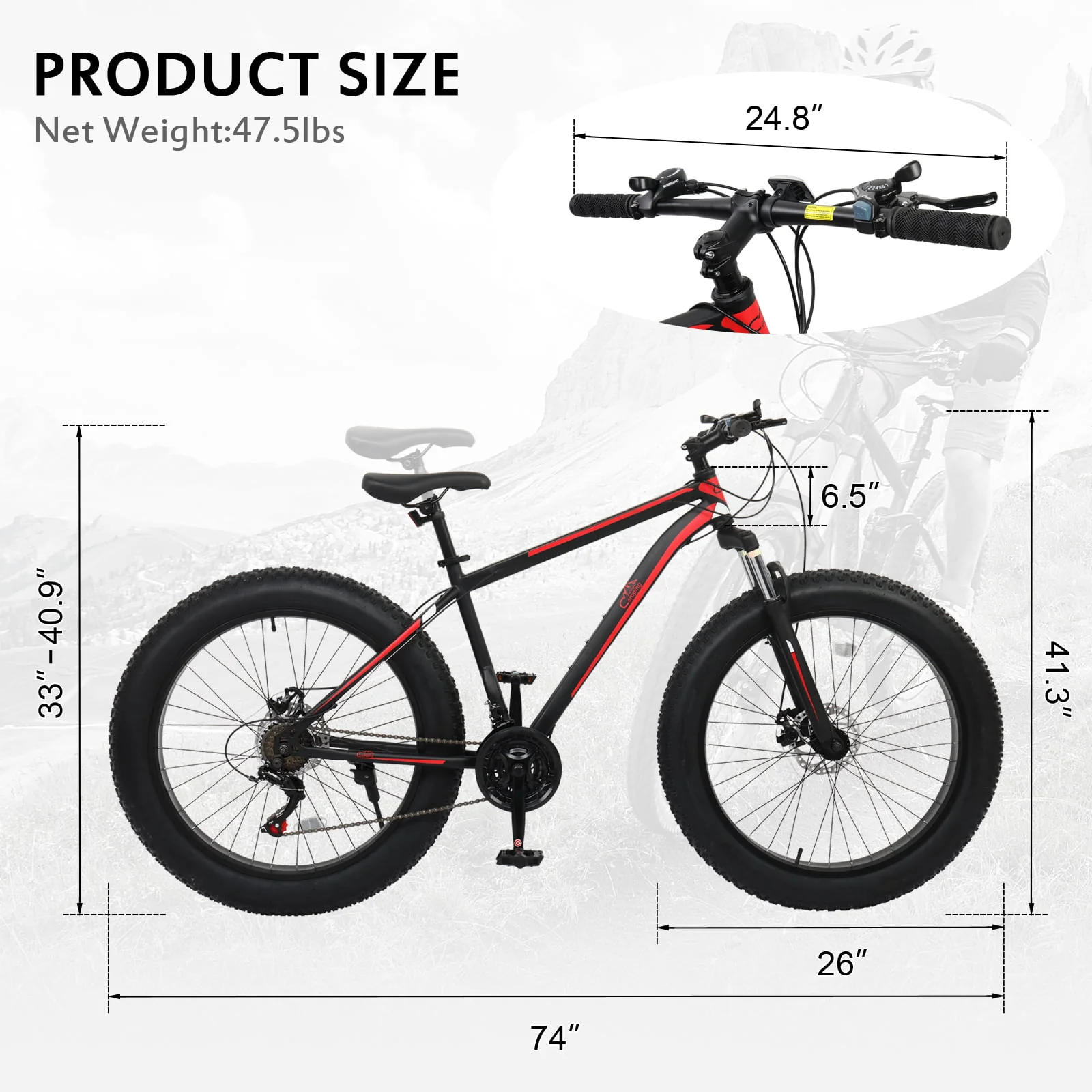 CamPingSurvivals Fat Tire Mountain Bike, 26 Inch Wheels, 21 Speed with High Carbon Steel Frame, Red Black