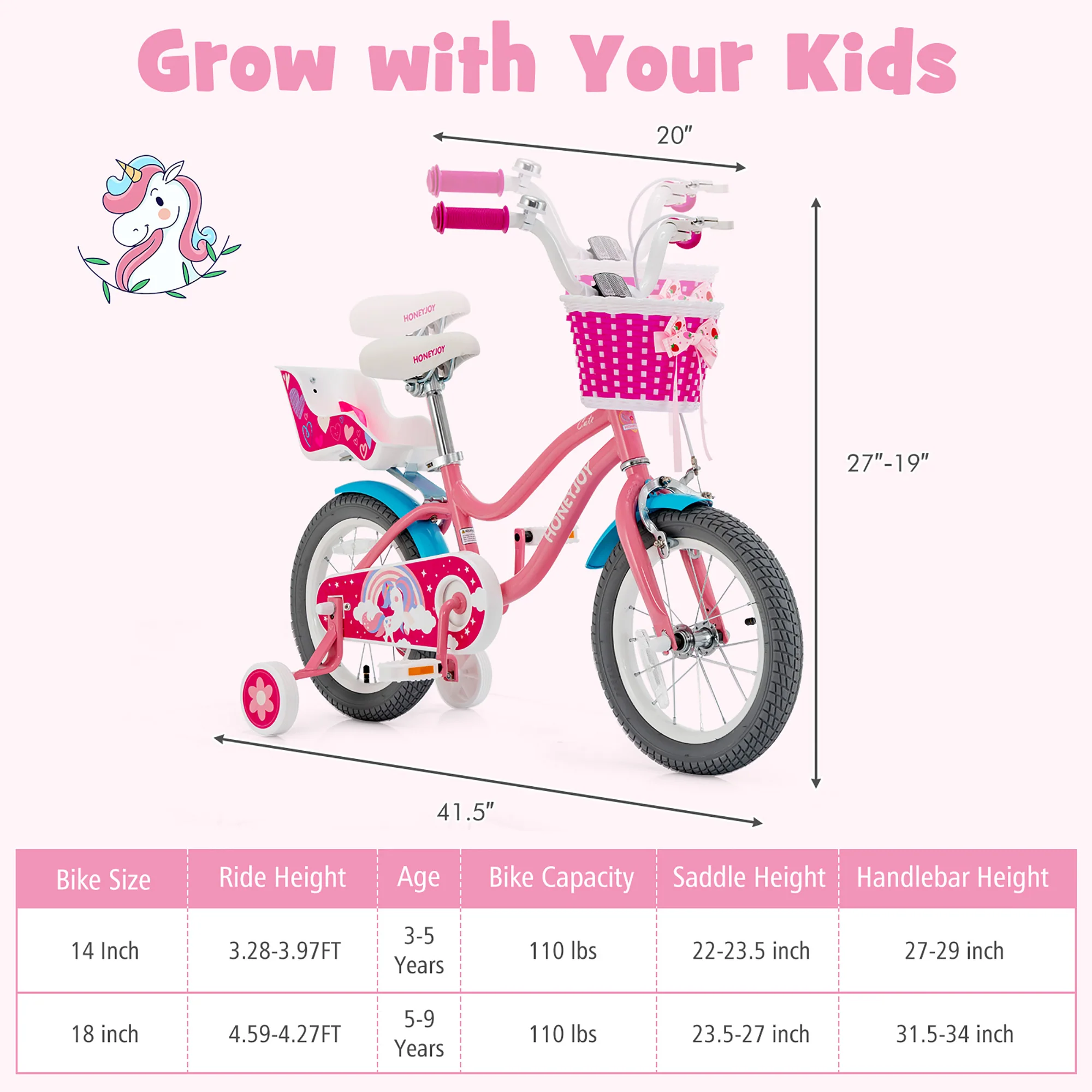 Costway Honeyjoy 14 Inches Kids Bicycle w/Training Wheels &a; Basket for Boys &a; Girls Age 3-5 Years