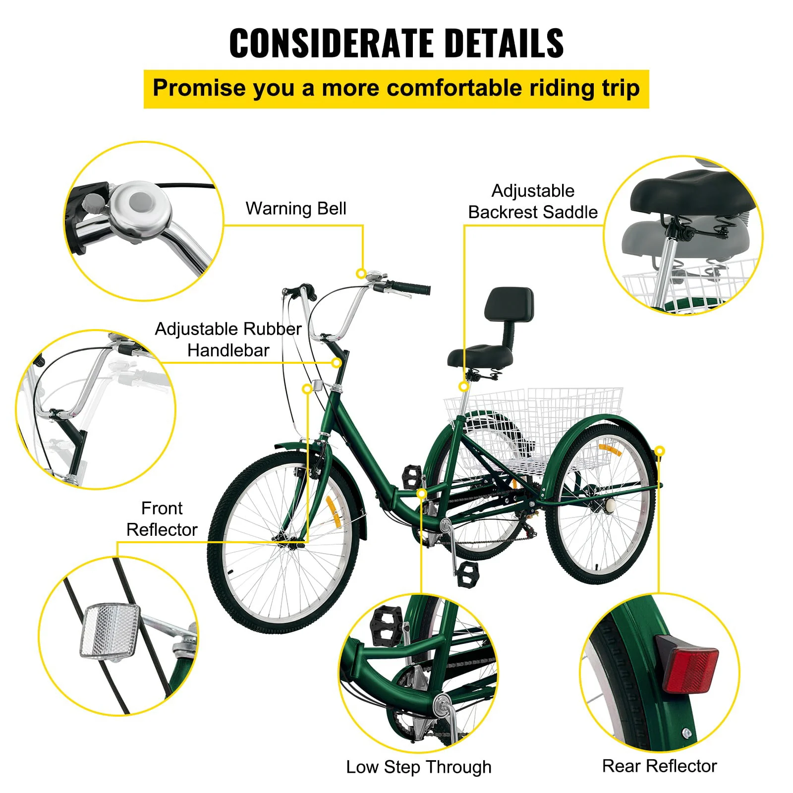 Tricycle Adult 24'' Wheels Adult Tricycle 7-Speed 3 Wheel Bikes For Adults