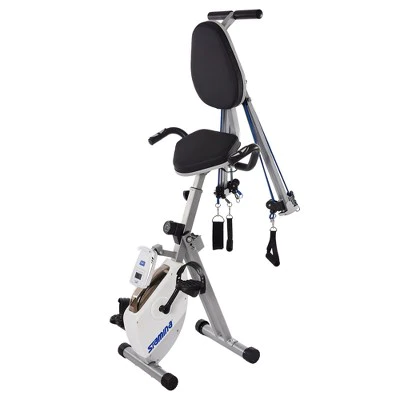 Stamina Strength System Stationary Portable Magnetic Resistance Upper and Lower Body Training Exercise Bike with Elastic Bungee Cords, White/Blue