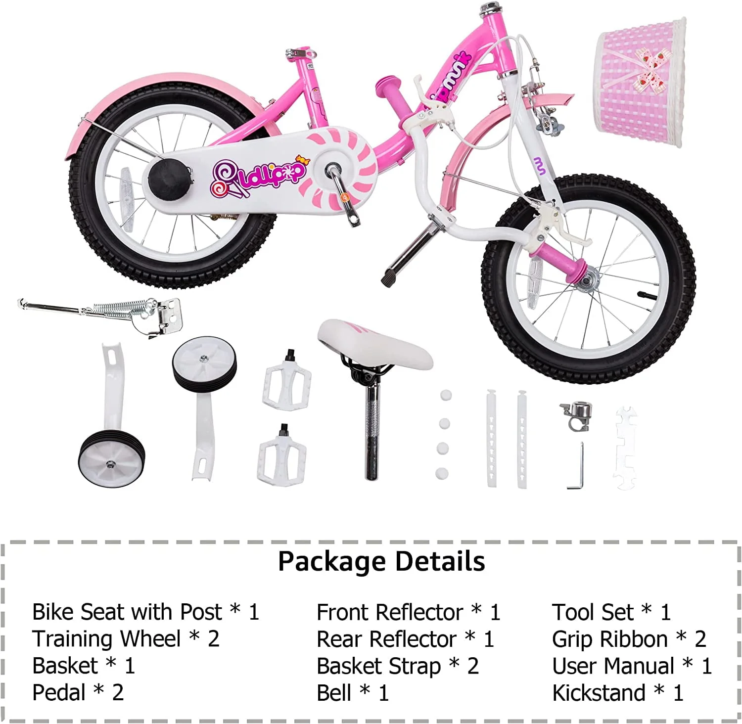 RoyalBaby Chipmunk Girls Kids Bike Bicycle with Basket Training Wheels 14 Inch Lollipop Pink