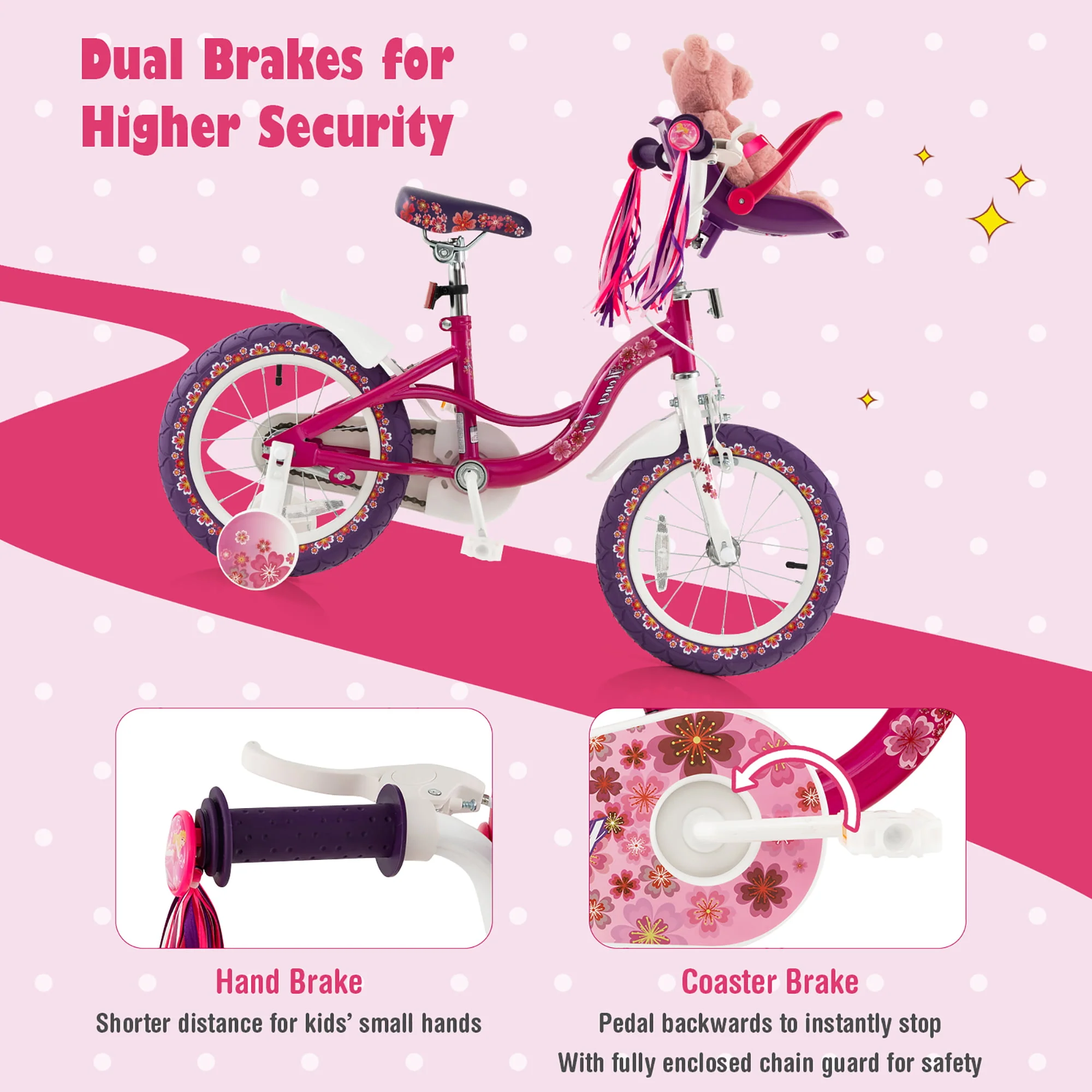 Costway 14'' Kids Bike with Doll Seat Girls Bicycle with Training Wheels for 3-5 Years Old Girl