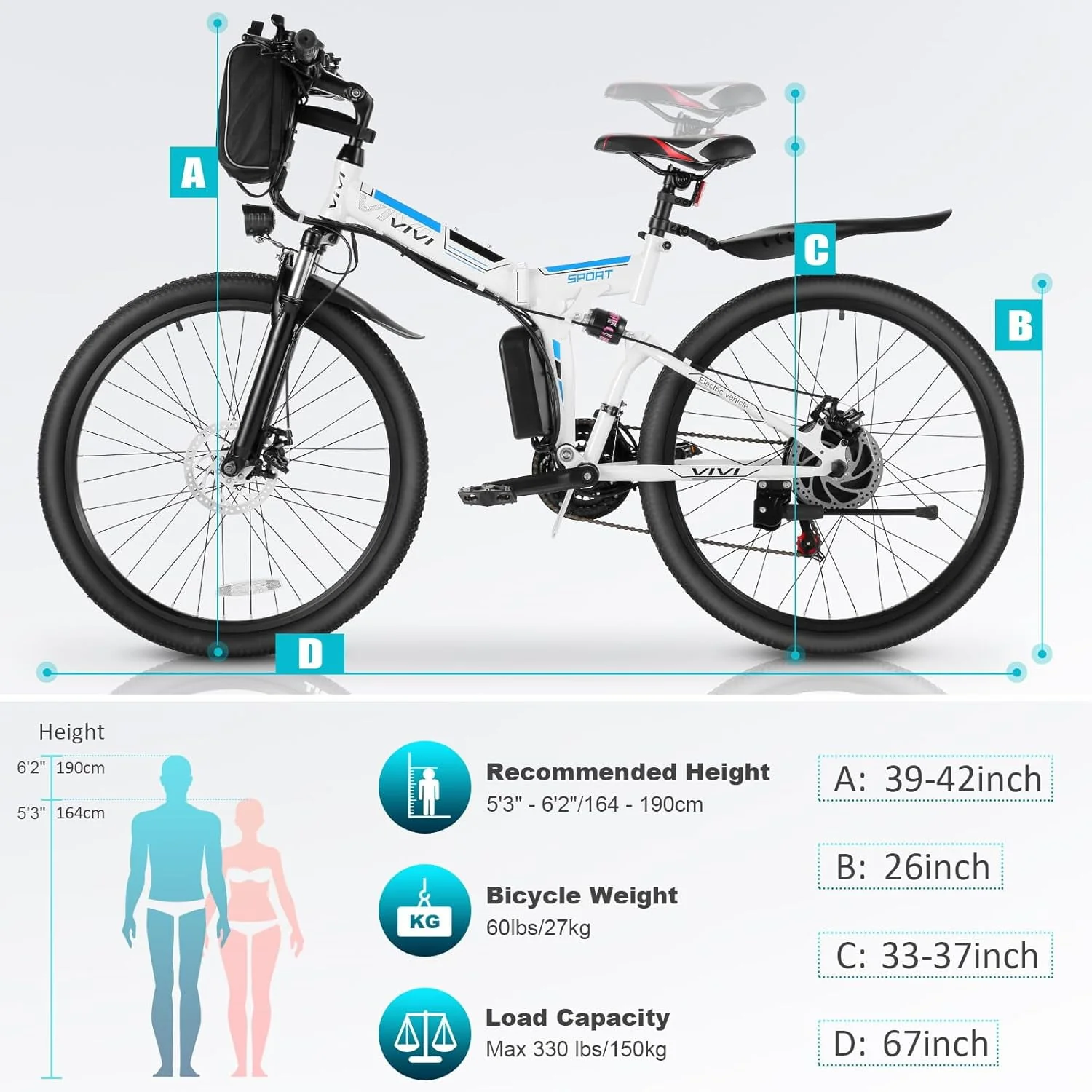 Vivi Electric Bike 26'' Folding Electric Mountain Bike 500W Full Suspension Electric Bike 21 Speed with Cruise Control, 48V Removable Battery, Up to 20MPH & 50 Miles