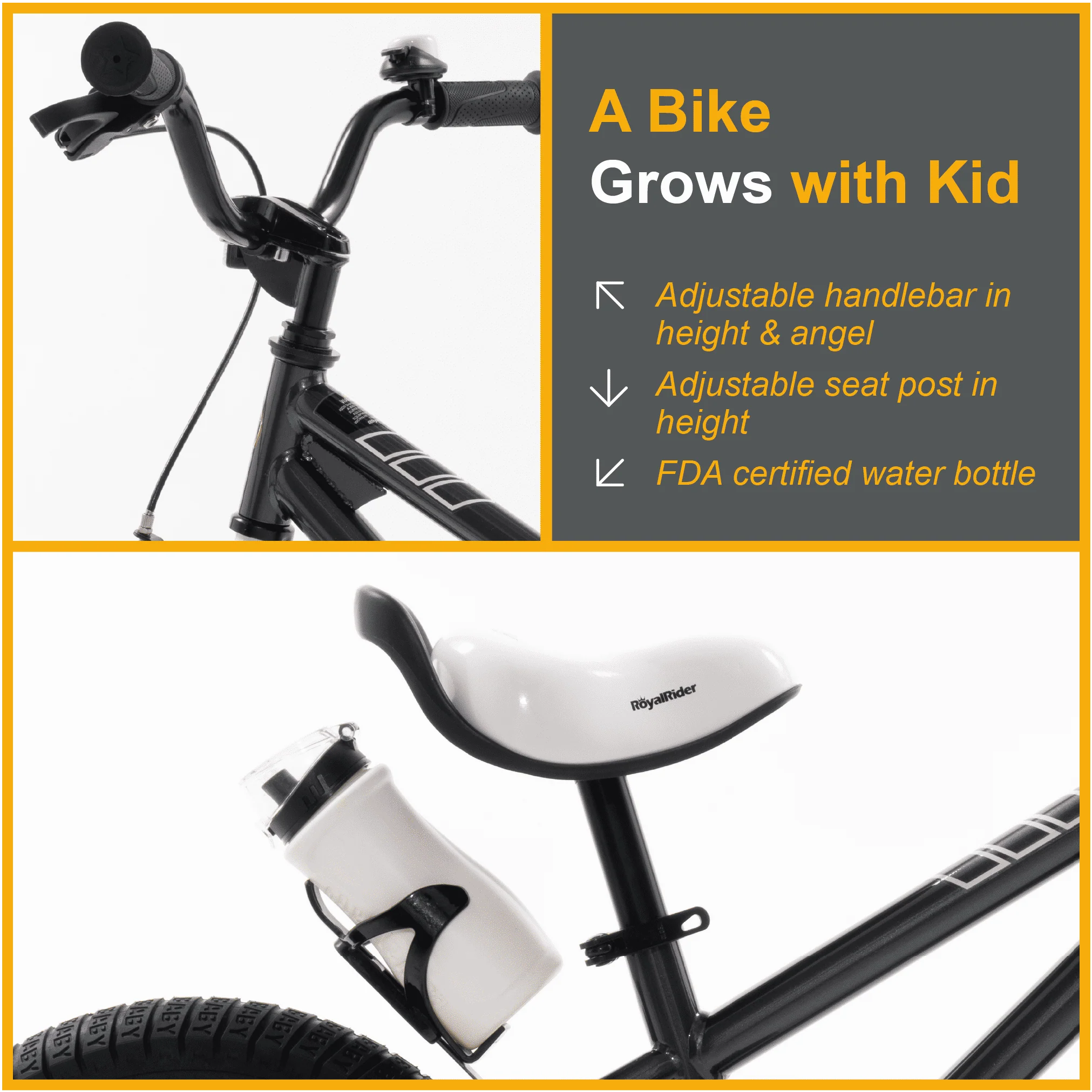 Royalbaby Boys Girls Kids Bike 12 In BMX Freestyle Black 2 Hand Brakes Bicycles with Training Wheels Child Bicycle