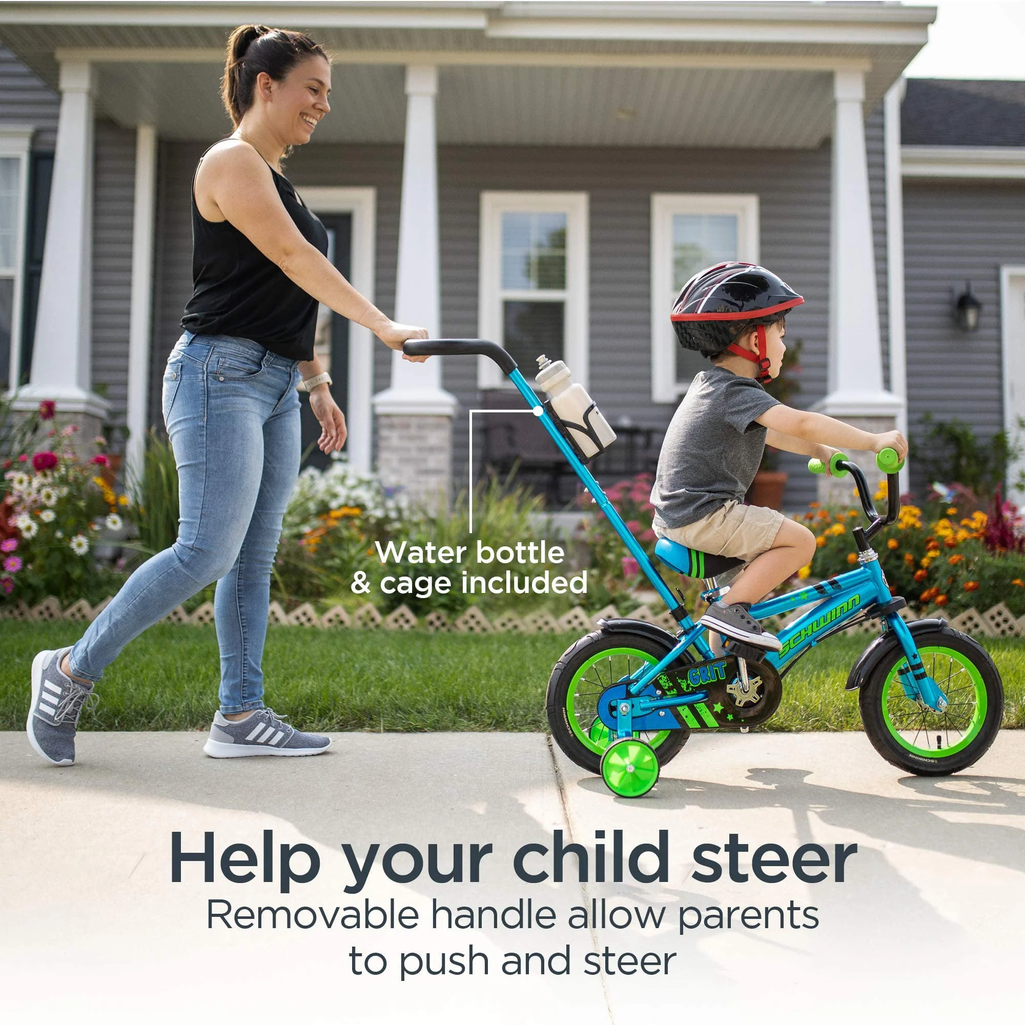 Schwinn Grit and Petunia Steerable Kids Bike, Boys and Girls Beginner Bicycle, 12-Inch Wheels, Training Wheels, Easily Removed Parent Push Handle with Water Bottle Holder, Perfect for Toddlers Orange 12-Inch Wheels Grit Bicycle