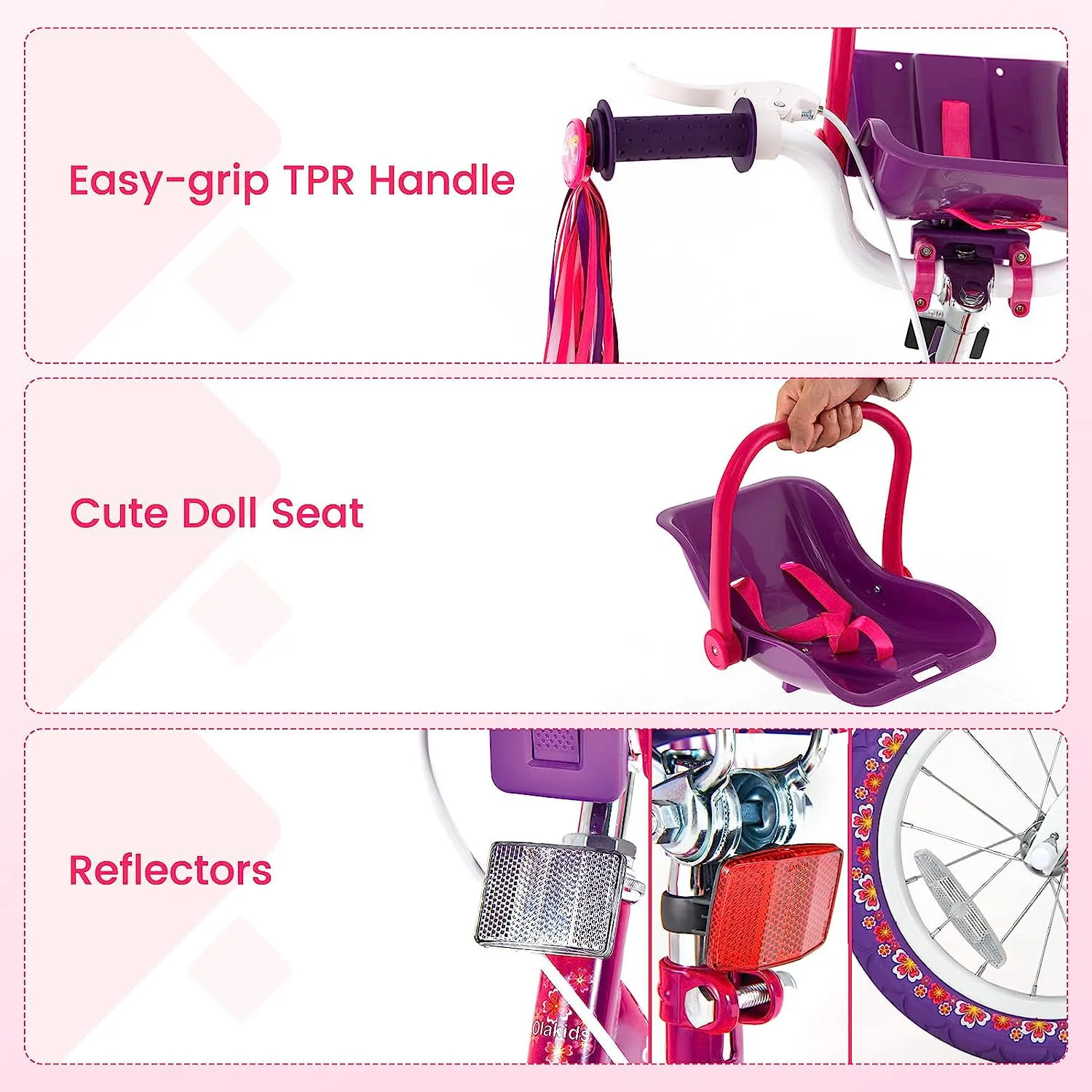 OLAKIDS Kids Bike for Girls, 14 16 Inch Children's Bicycle with Removable Training Wheels and Doll Seat, Adjustable Seat and Handlebar, Girls Bike for Toddlers Age 4-8 Years Old Pink Flower