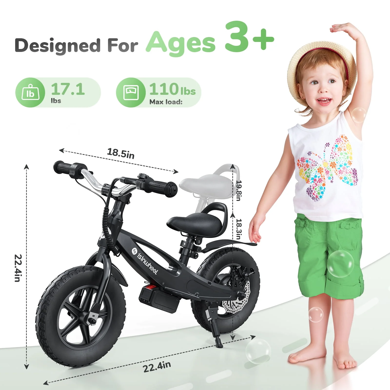 iSinwheel SK12 Electric Balance Bike for Kids 150W Motor, Two Speed Dual Brake with Adjustable Seat, 12 Inch Inflatable Tire Dirt Bike Electric Scooters for Boys and Girls Black