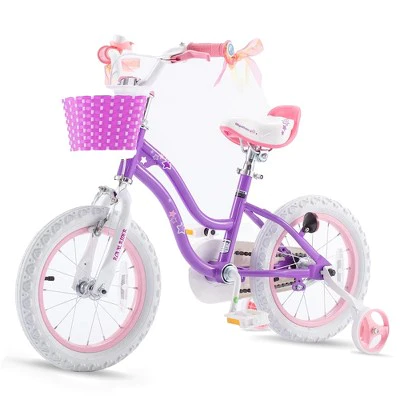 RoyalBaby Stargirl Kids Outdoor Bicycle with Kickstand, Accessory Basket, Bell, and Safety Training Wheels for Ages 4-7, Purple