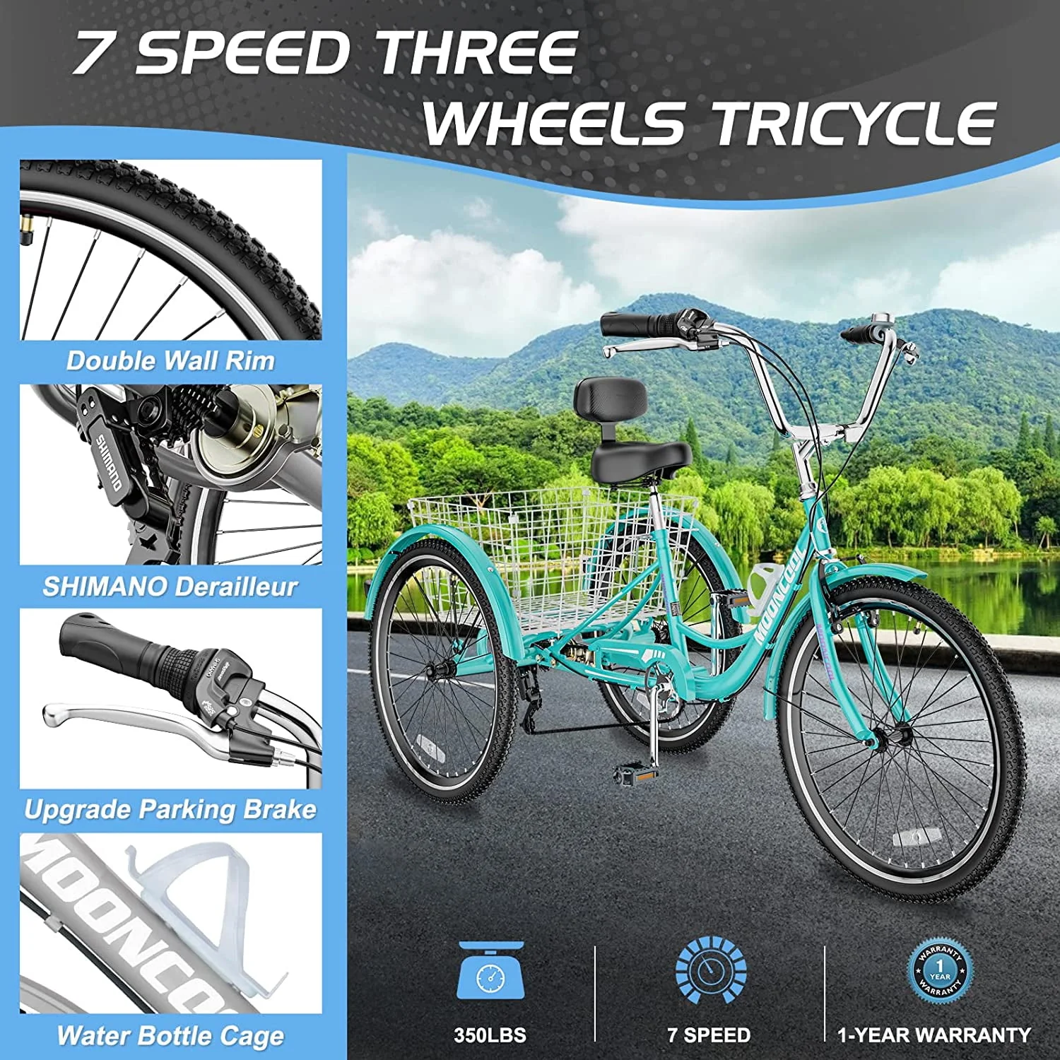Adult Tricycle 20/24/26 inch 7 Speed, Three Wheel Bicycle for Adult, Trike Cruiser W/ Tools & Big Basket for Exercise Shopping Picnic Outdoor Activities