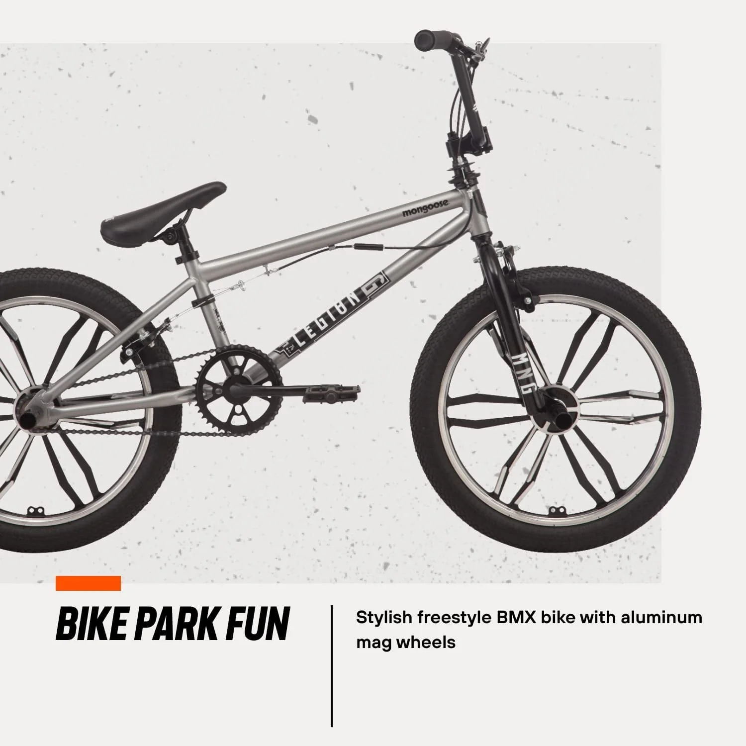 Mongoose Legion Mag Freestyle Sidewalk BMX Bike for Kids, Children and Beginner-Level to Advanced Riders, 20 In. Wheels, Hi-Ten Steel Frame, Micro Drive 25 x 9T BMX Gearing, Silver