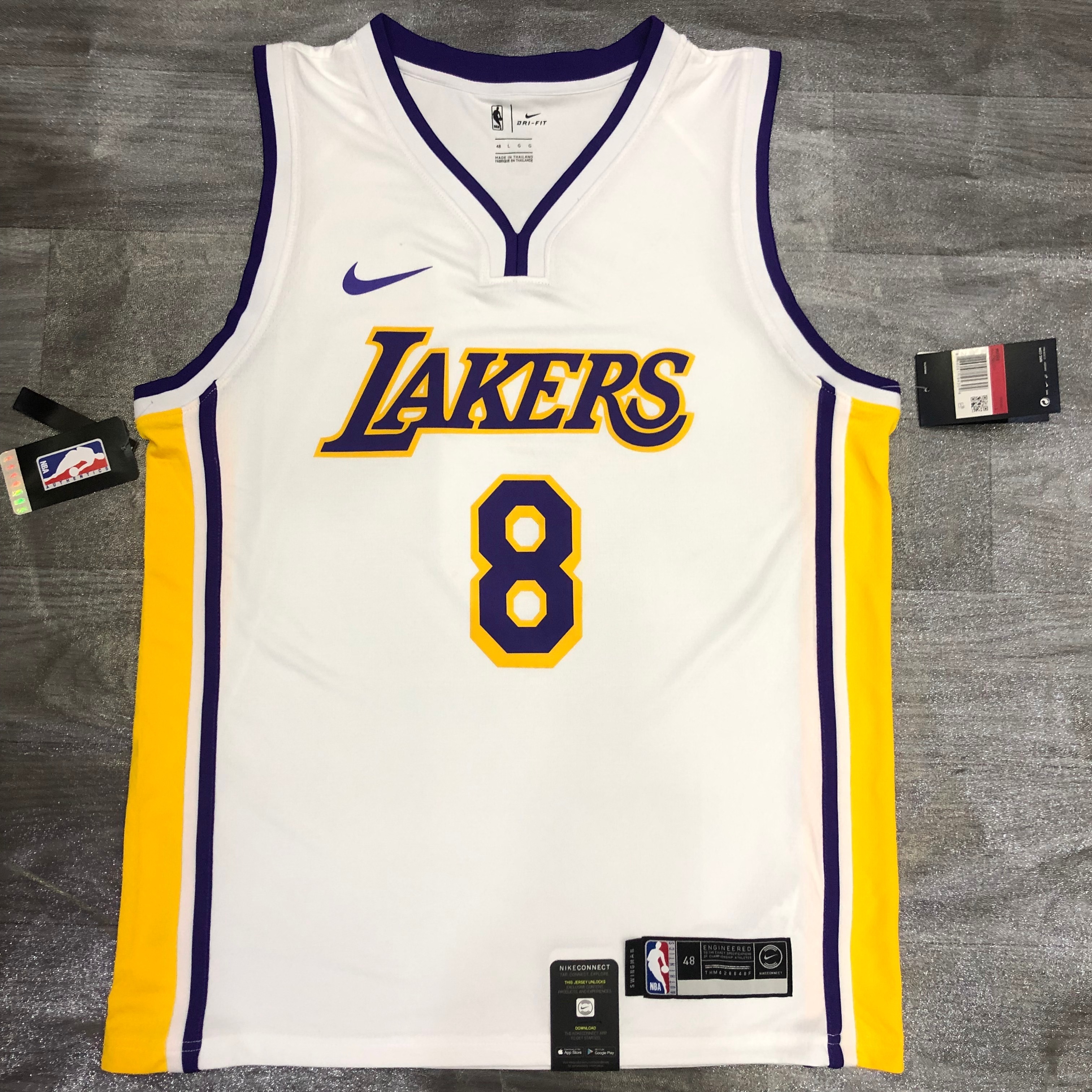 Lakers white V-neck No. 8 Bryant