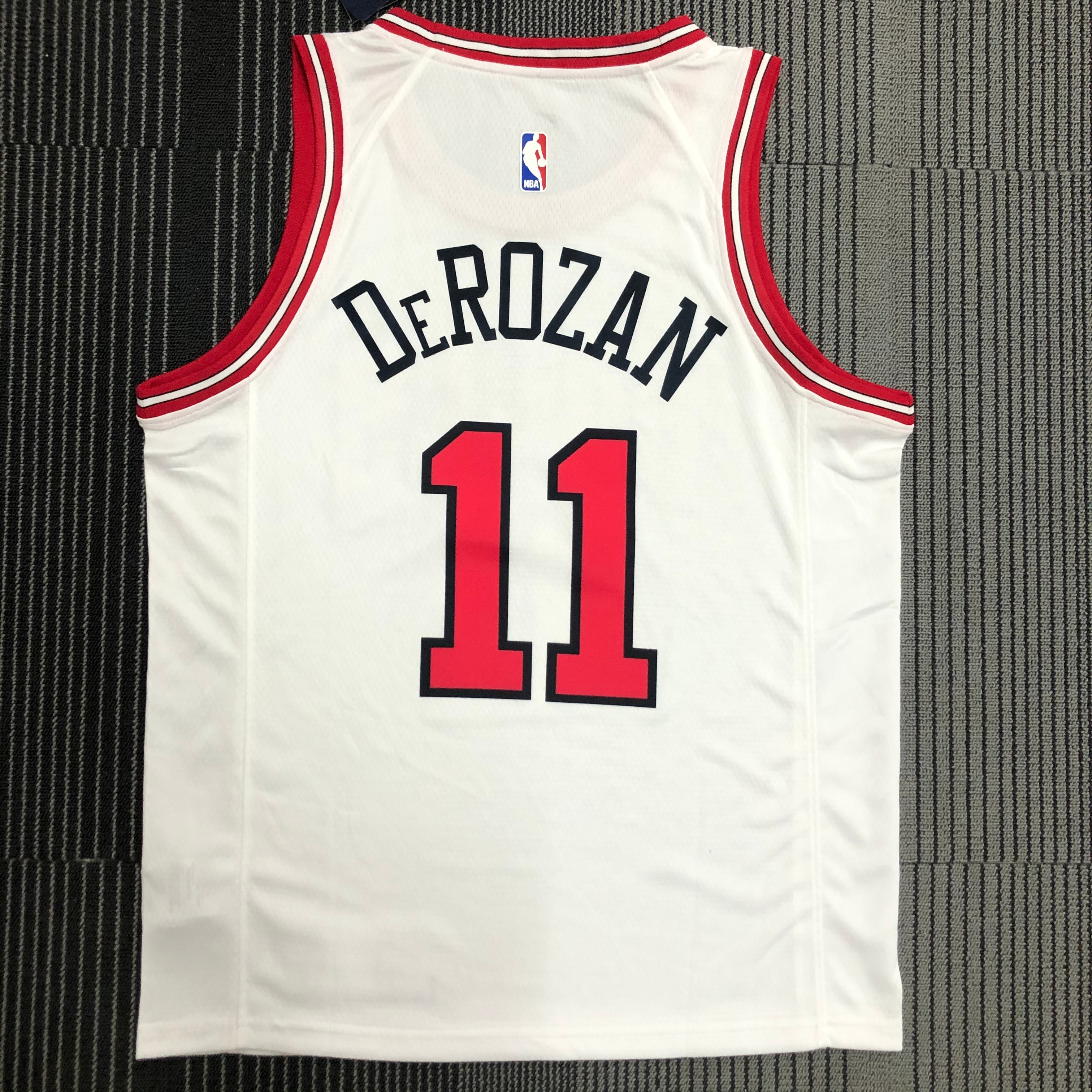 Bulls white number 11 Demar derozan