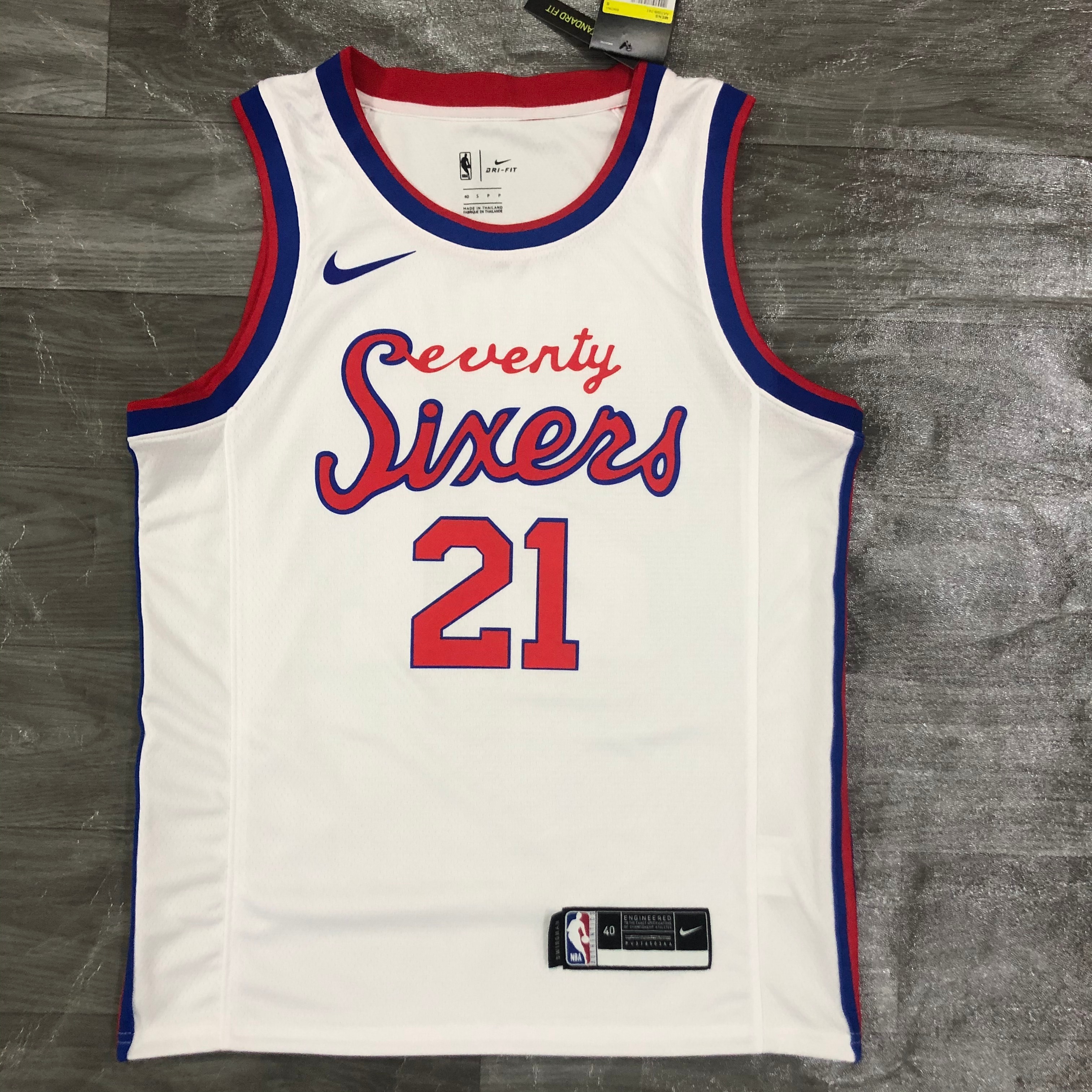 The '21 76ers cursive throwback limited number 21 Embiid
