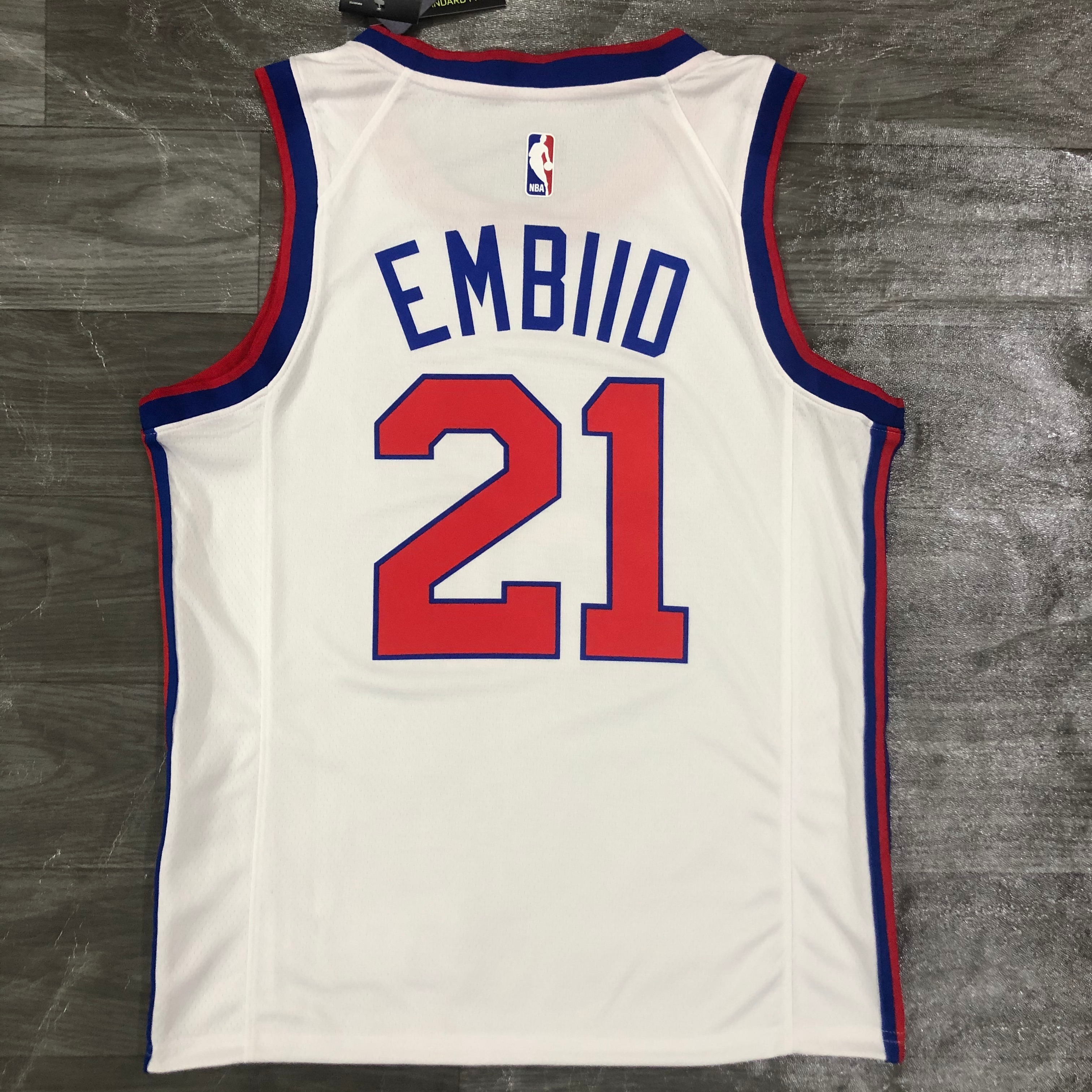 The '21 76ers cursive throwback limited number 21 Embiid