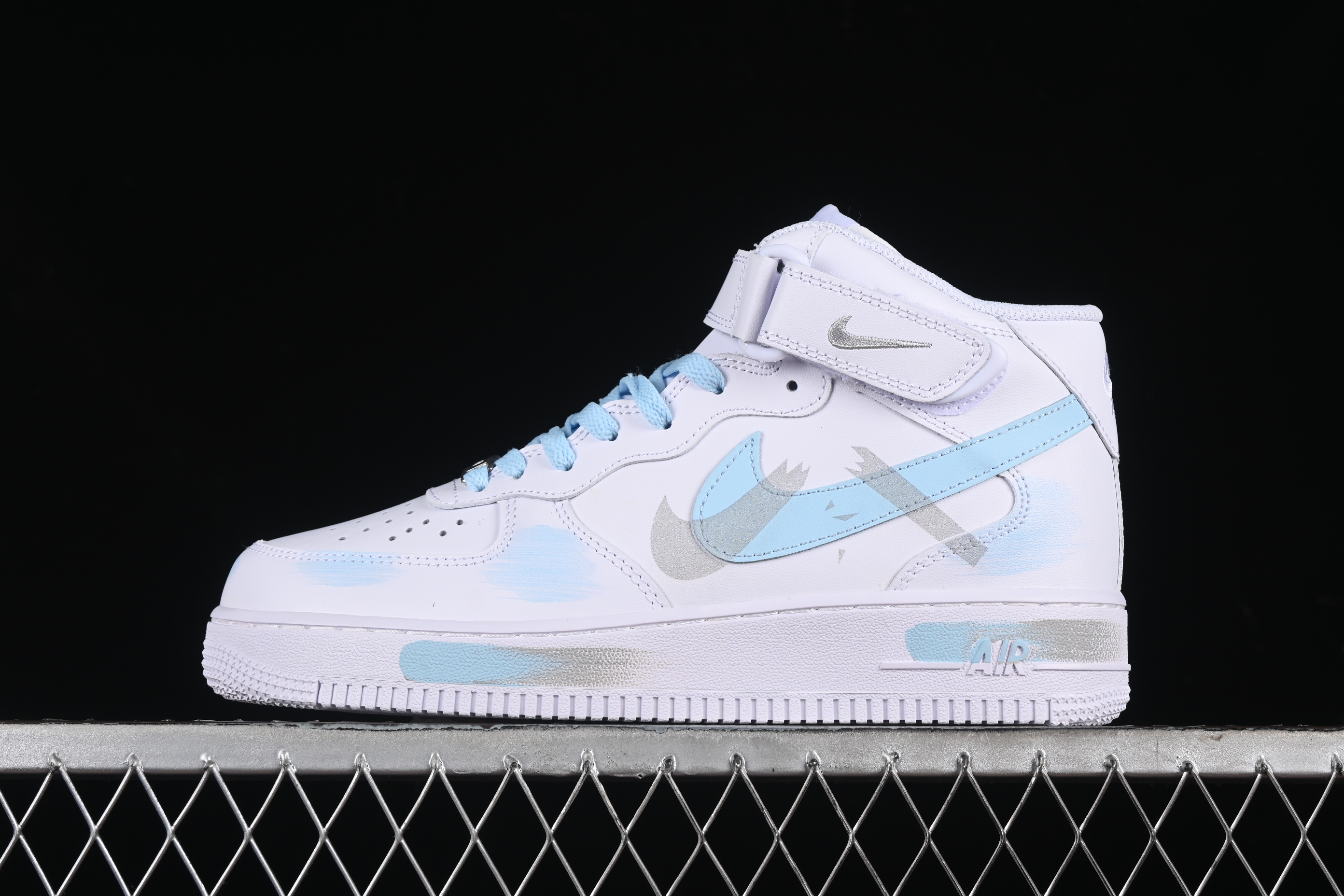 Nk Air Force 1'07 Mid Sky blue hand-painted broken three-hook shadow Air Force One strap mid-top casual sneakers