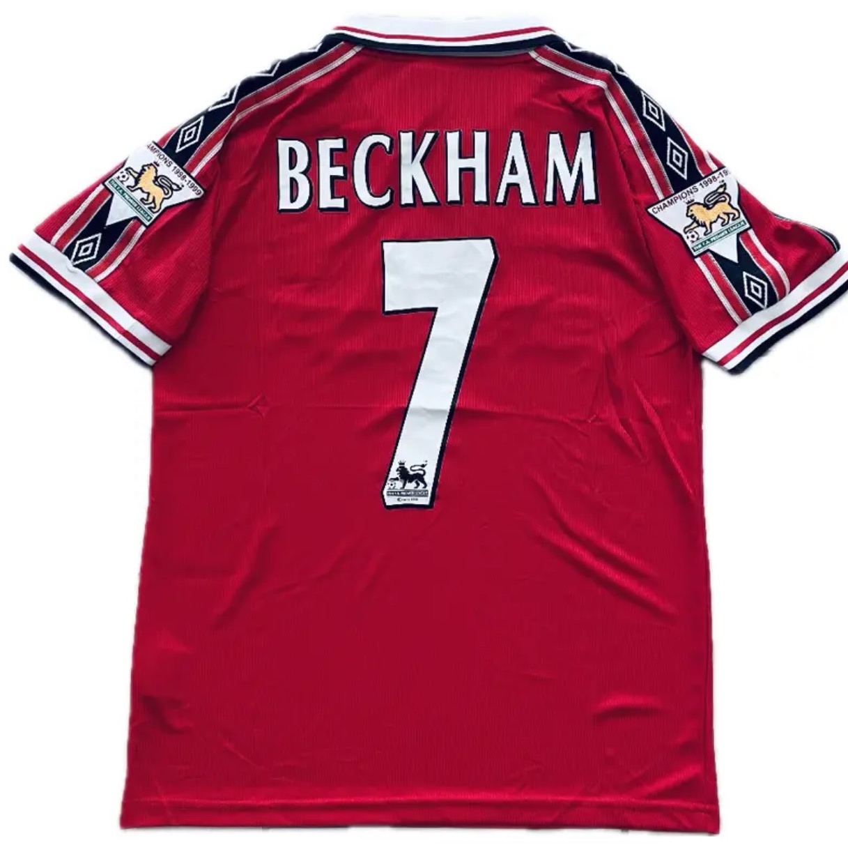 Vintage David Beckham #7 Manchester United 98/99 Red Short Sleeve Retro Jersey With Premier League Patches