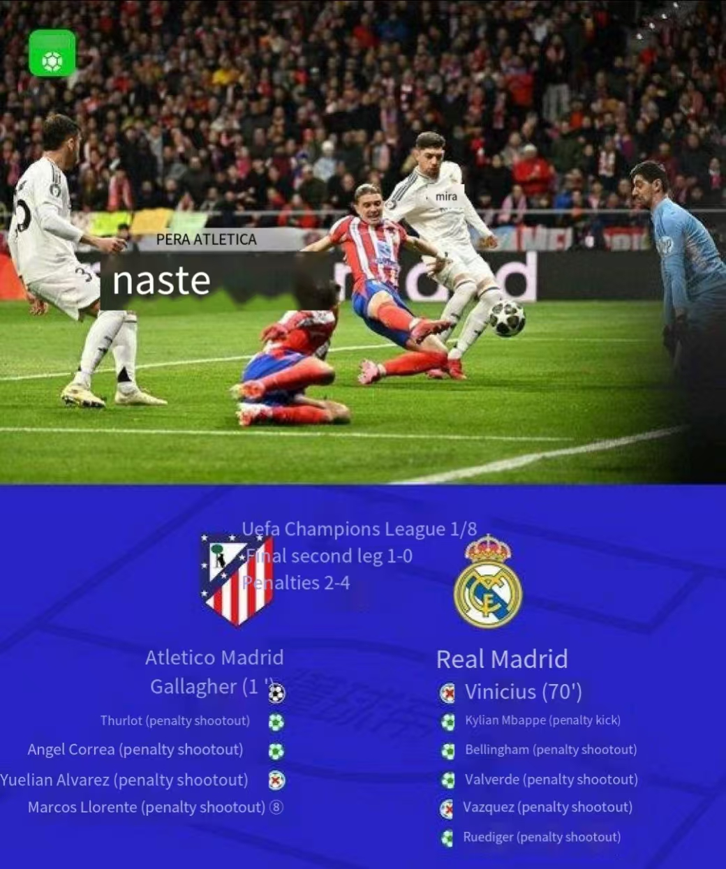 Real Madrid penalty shootout total 6-4 Atletico advanced to the last 8, Alvarez, Llorente lost points [xueting]