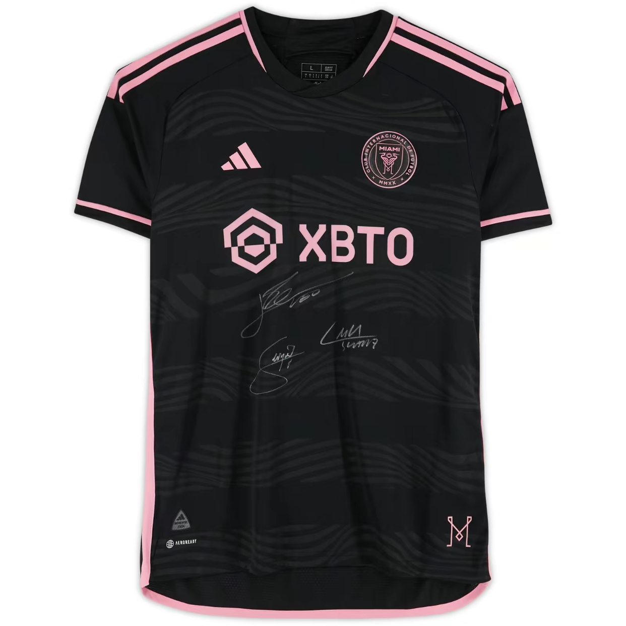 Lionel Messi, Luis Suarez, and Sergio Busquets Inter Miami CF Autographed 2023 Black Adidas Authentic Jersey - Front Signed - Fanatics Authentic Certified - Soccer Memorabilia