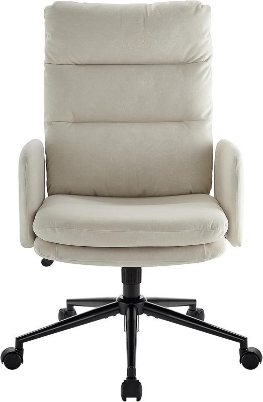 High-Back Home Office Chair, Upholstered Desk Chair with Armrests, Height Adjustable Armchair with Wheels, Swivel Office Desk Chair, Ergonomic Computer Task Chair, Leisure Armchair Cashmere (White)