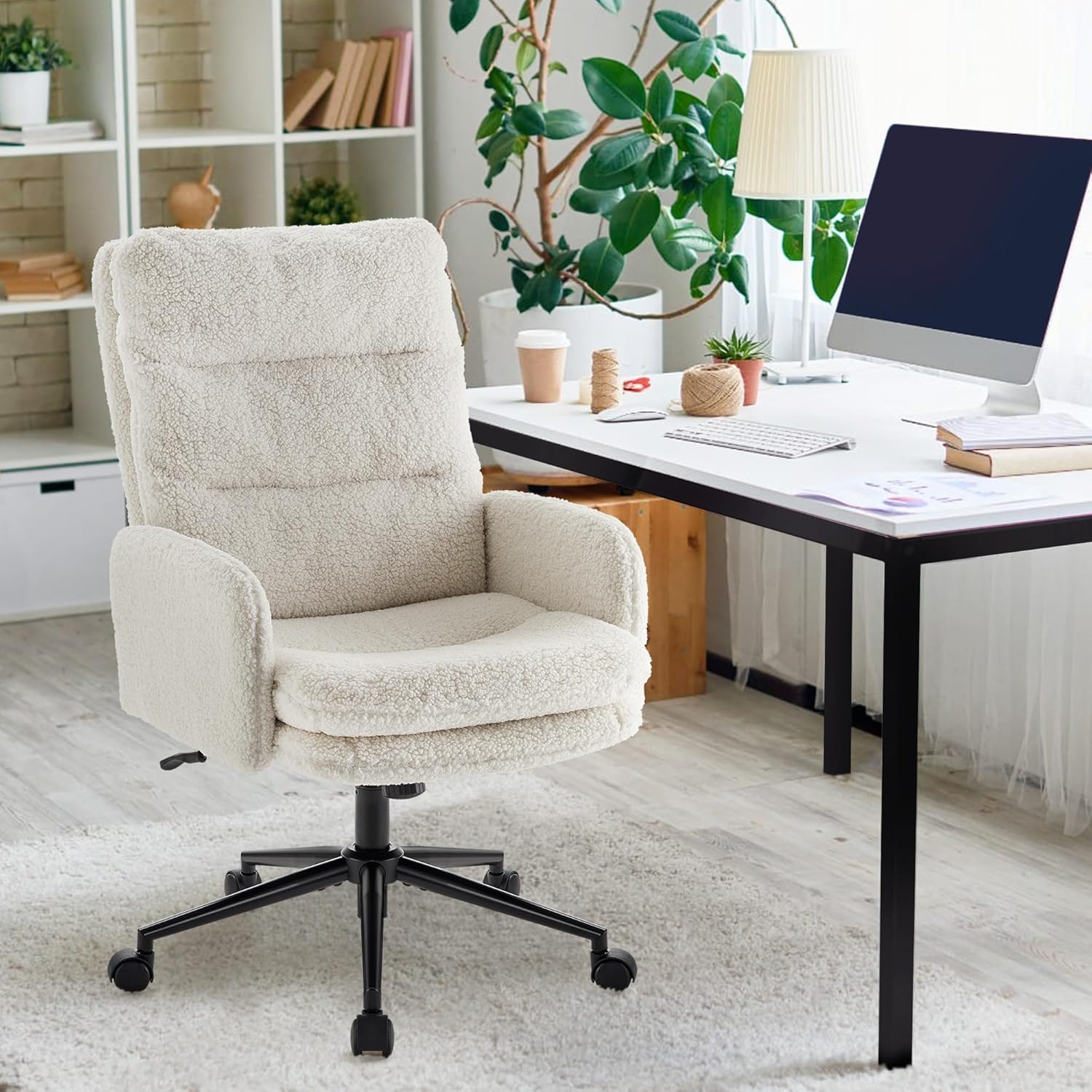 High-Back Home Office Chair, Upholstered Desk Chair with Armrests, Height Adjustable Armchair with Wheels, Swivel Office Desk Chair, Ergonomic Computer Task Chair, Leisure Armchair Cashmere (White)