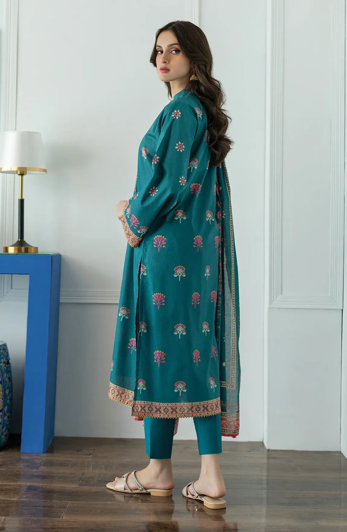 Stitched 3 Piece Embroidered Lawn Shirt , Cambric Pant and Lawn Dupatta (OTL-23-027/S TEAL)