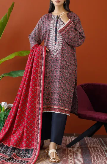 Unstitched 3 Piece Embroidered Khaddar Shirt , Khaddar Pant and Khaddar Dupatta (OTL-23-198/U BLACK)