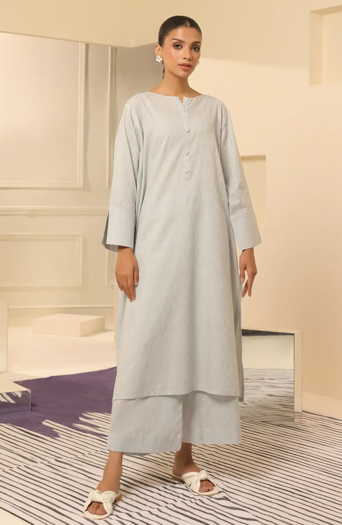 Stitched 2 Piece Plain Jacquard Shirt and Jacquard Pant (WRCJ23W-2008)
