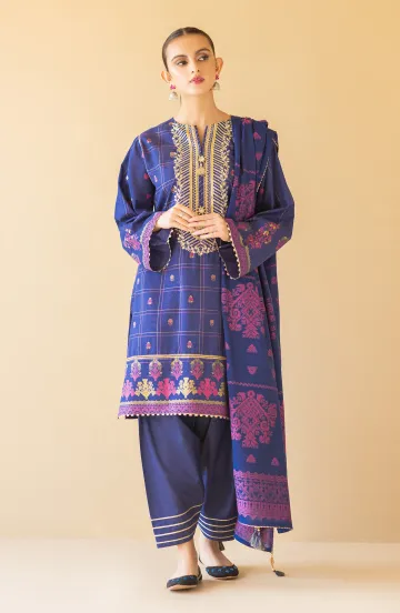 Unstitched 3 Piece Embroidered Karandi Shirt , Karandi Pant and Karandi Dupatta (OTL-22-065/U BLUE)