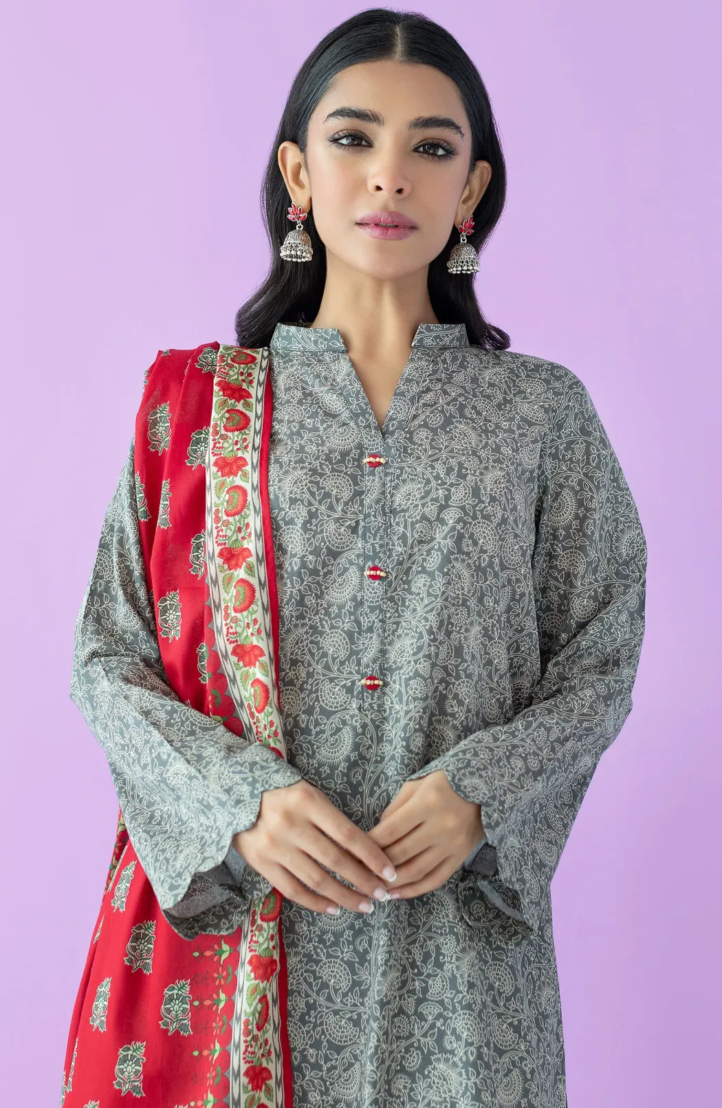 Unstitched 3 Piece Printed Lawn Shirt , Lawn Pant and Lawn Dupatta (OTL-23-209/U GREY)