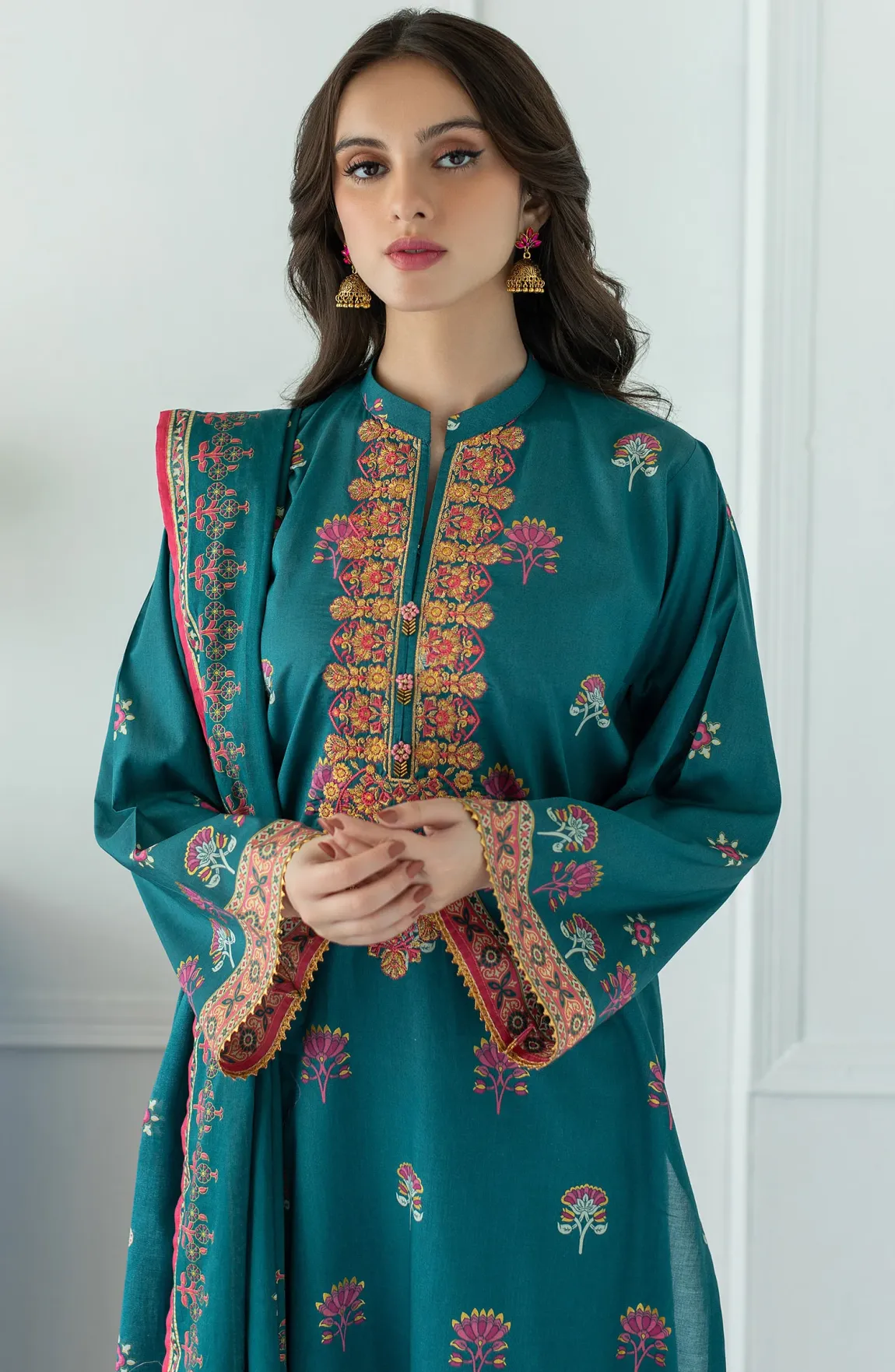 Stitched 3 Piece Embroidered Lawn Shirt , Cambric Pant and Lawn Dupatta (OTL-23-027/S TEAL)