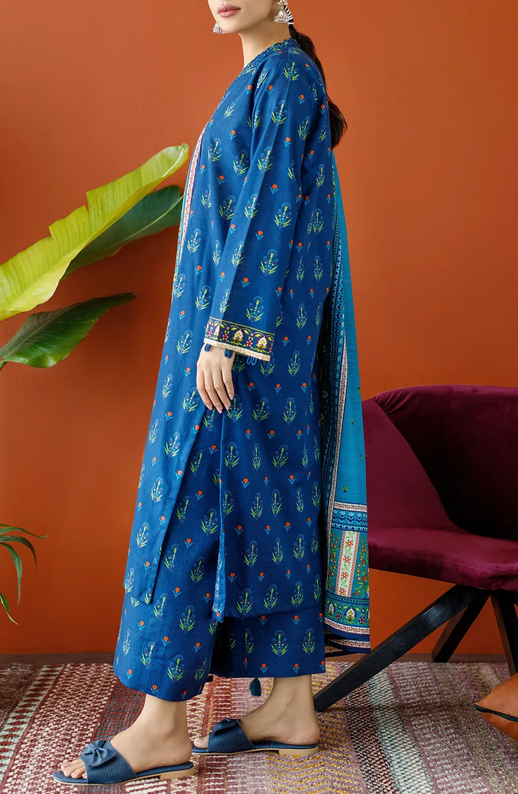 Stitched 3 Piece Printed Khaddar Shirt , Khaddar Pant and Khaddar Dupatta (OTL-23-200/S BLUE)