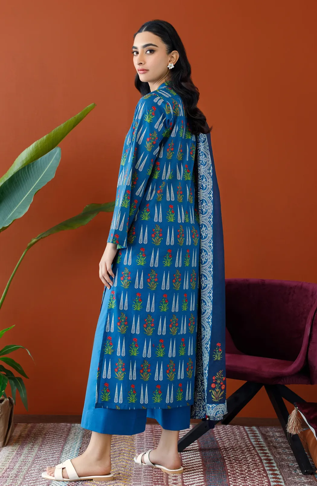 Unstitched 3 Piece Printed Lawn Shirt , Cambric Pant and Lawn Dupatta (OTL-23-321/U BLUE)