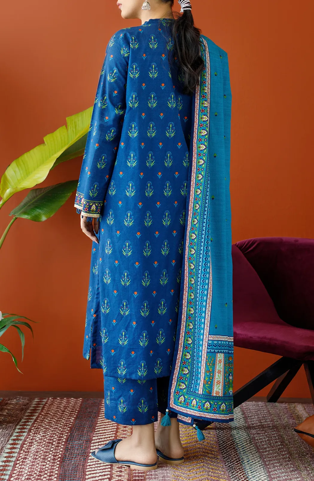 Stitched 3 Piece Printed Khaddar Shirt , Khaddar Pant and Khaddar Dupatta (OTL-23-200/S BLUE)