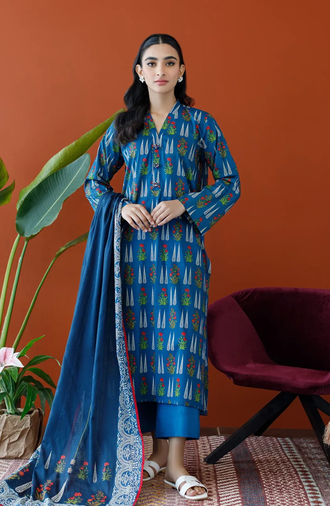 Unstitched 3 Piece Printed Lawn Shirt , Cambric Pant and Lawn Dupatta (OTL-23-321/U BLUE)