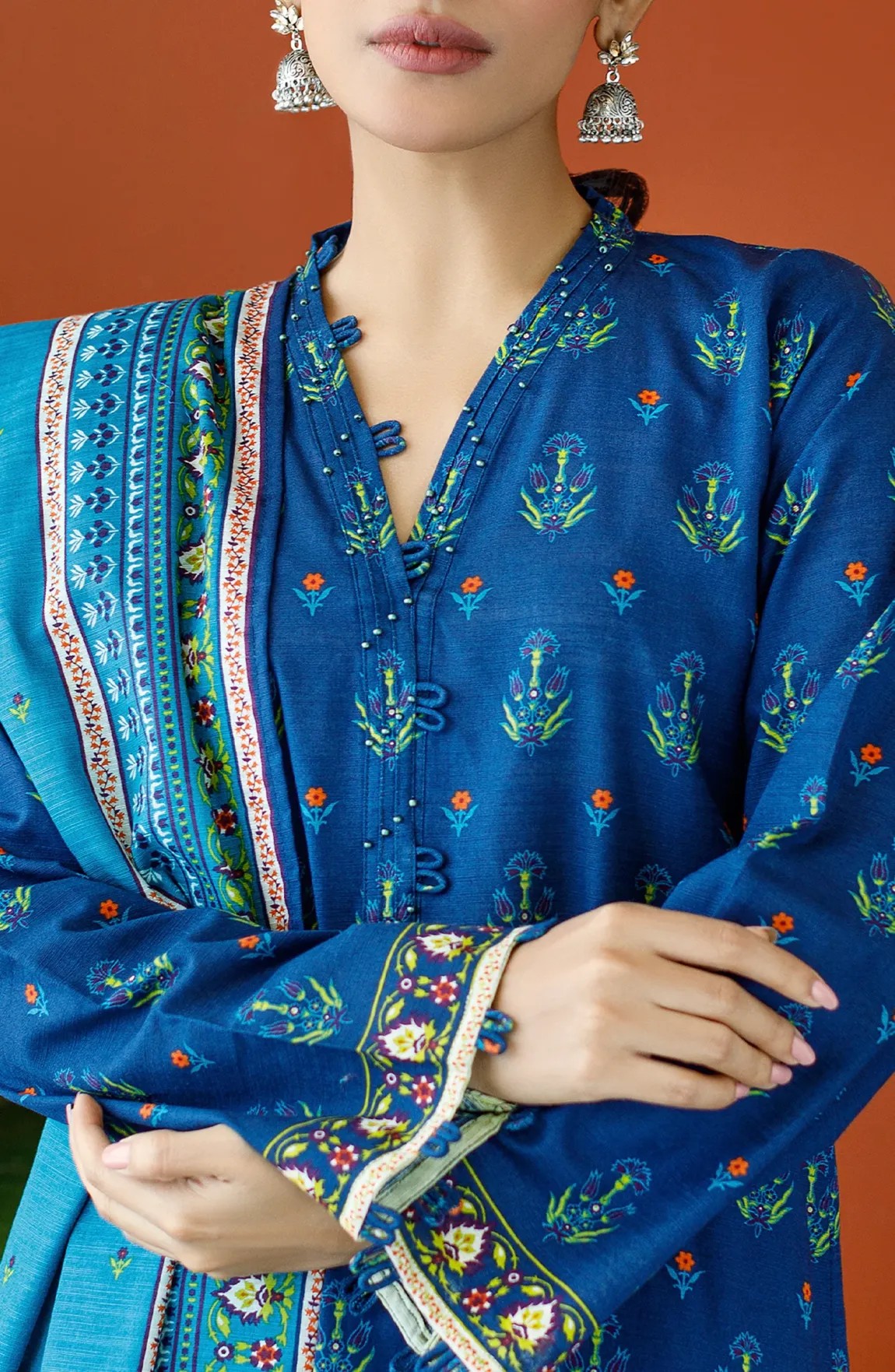 Stitched 3 Piece Printed Khaddar Shirt , Khaddar Pant and Khaddar Dupatta (OTL-23-200/S BLUE)