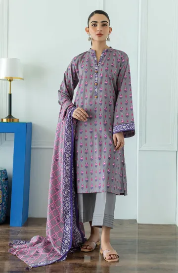 Stitched 3 Piece Printed Lawn Shirt , Cambric Pant and Lawn Dupatta (OTL-23-071/S GREY)