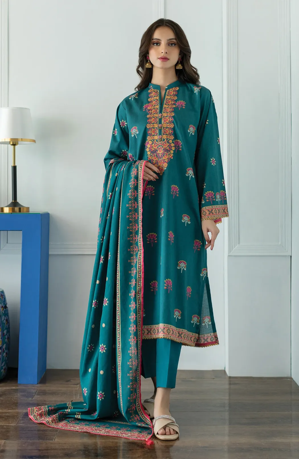 Stitched 3 Piece Embroidered Lawn Shirt , Cambric Pant and Lawn Dupatta (OTL-23-027/S TEAL)
