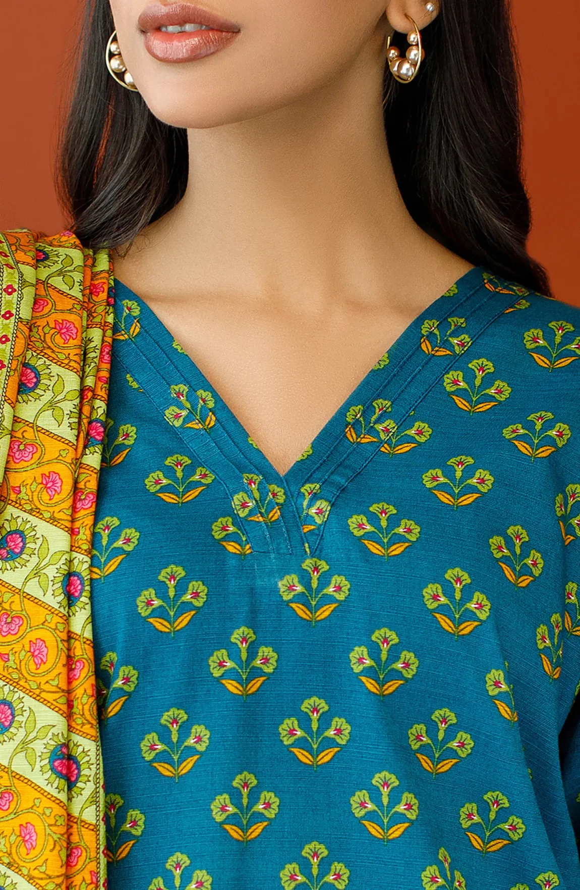Unstitched 3 Piece Printed Khaddar Shirt , Khaddar Pant and Khaddar Dupatta (OTL-23-304/U TEAL)