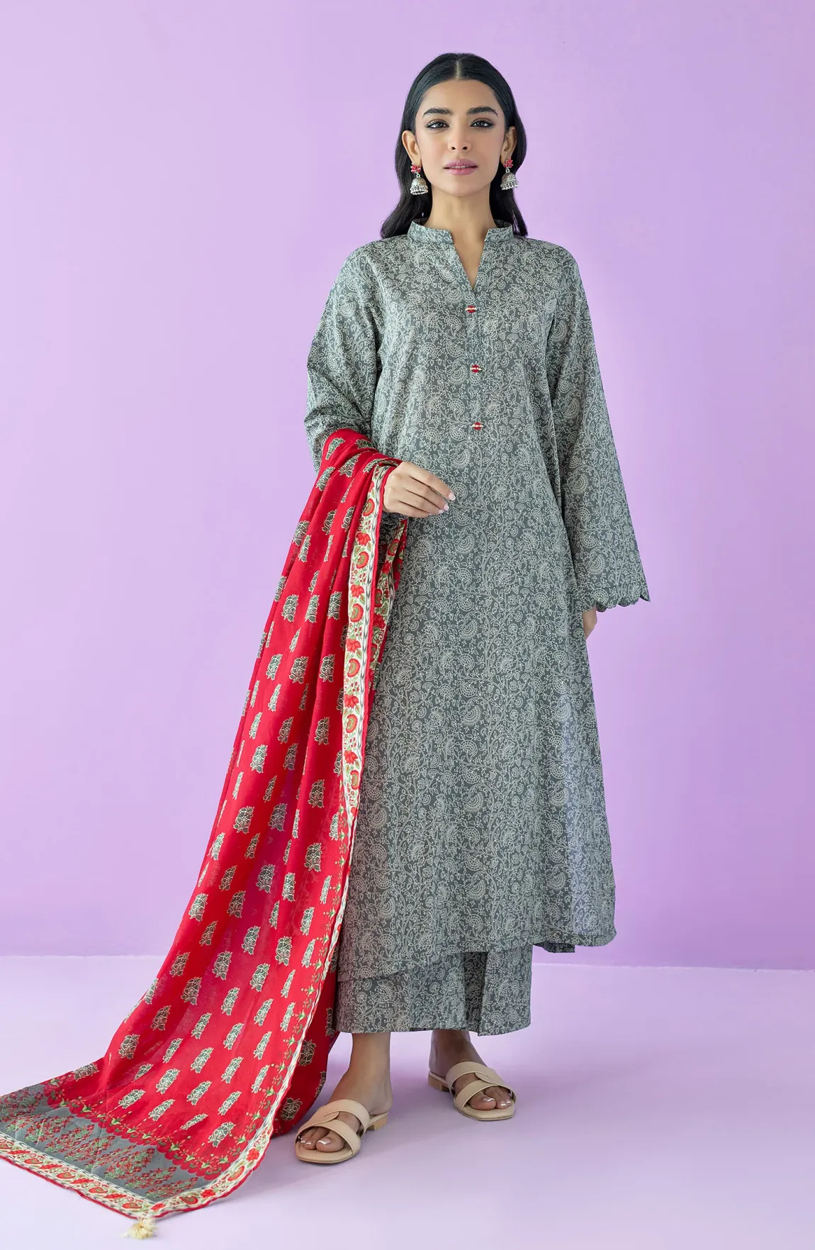 Unstitched 3 Piece Printed Lawn Shirt , Lawn Pant and Lawn Dupatta (OTL-23-209/U GREY)