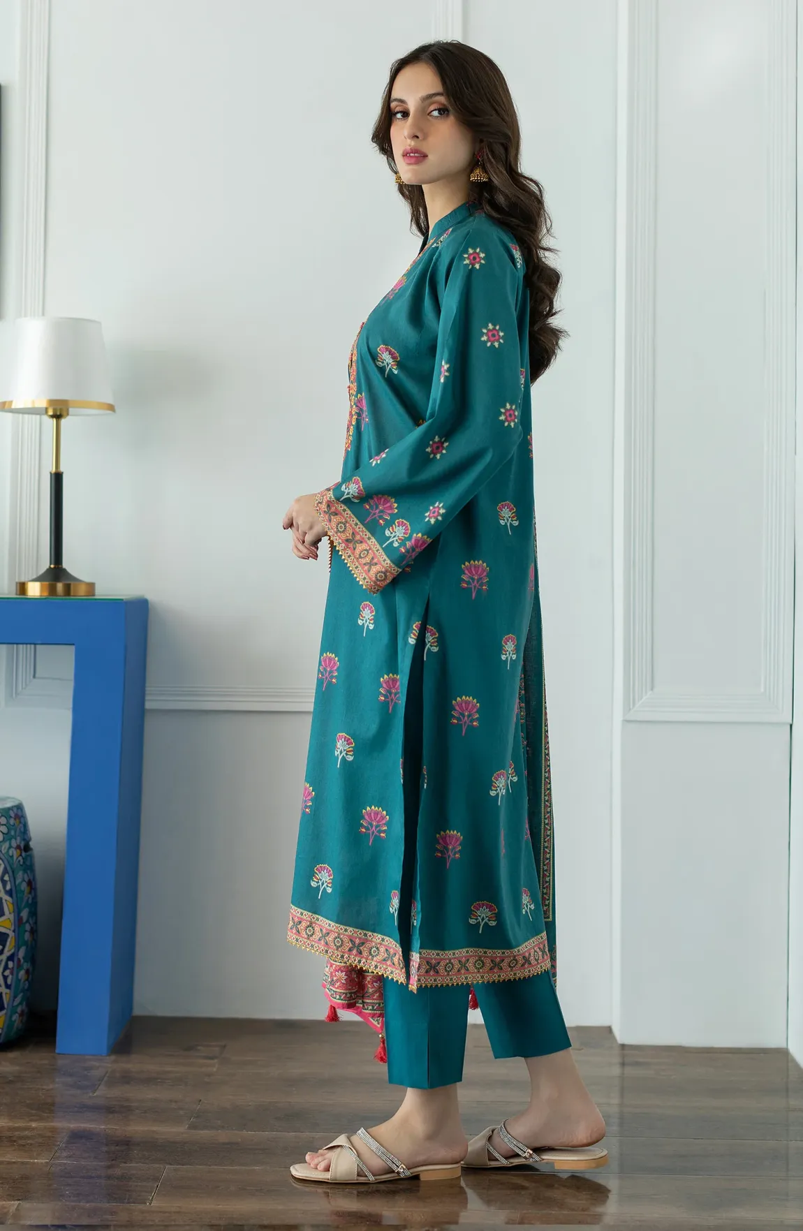 Stitched 3 Piece Embroidered Lawn Shirt , Cambric Pant and Lawn Dupatta (OTL-23-027/S TEAL)