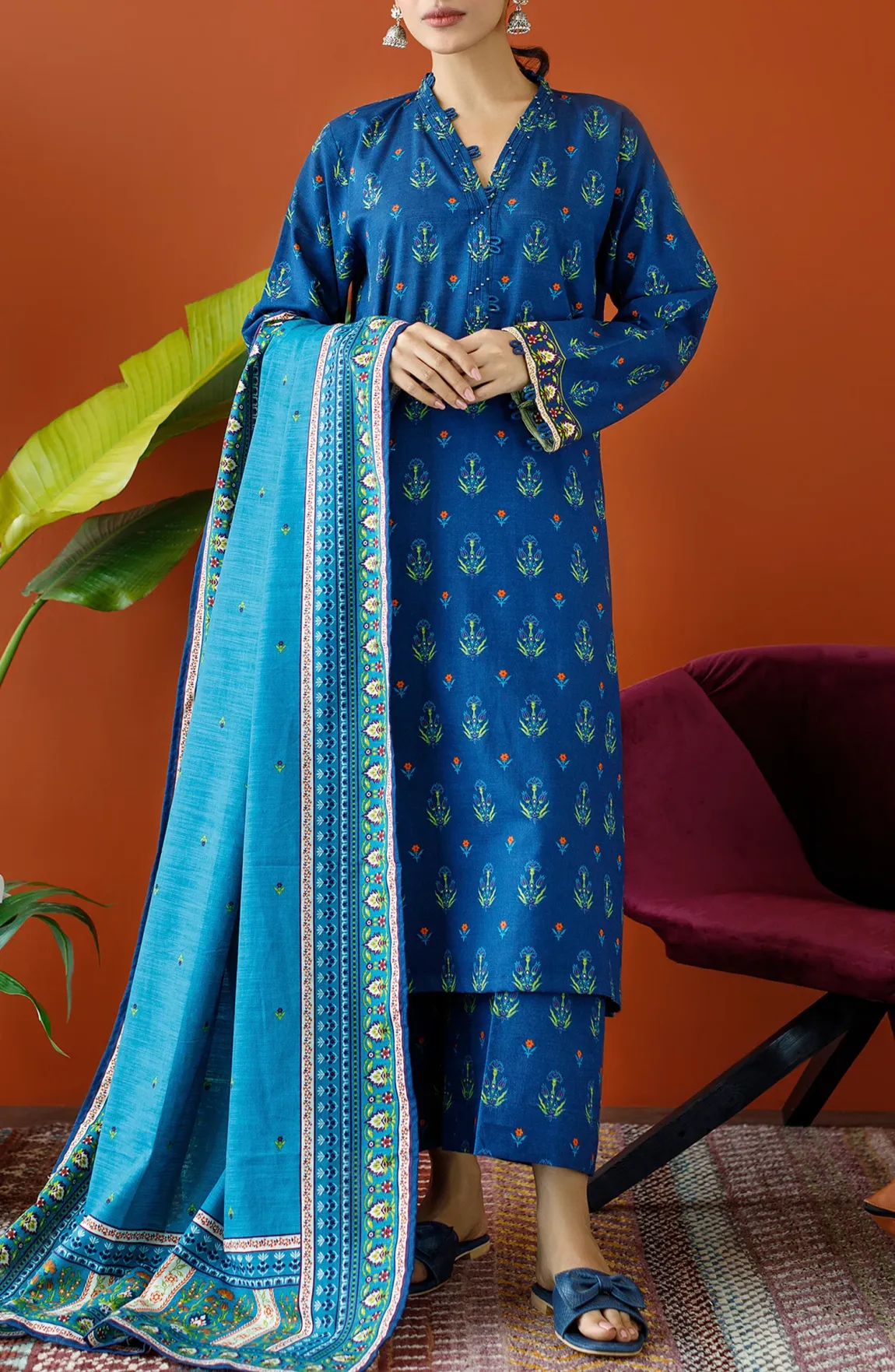 Stitched 3 Piece Printed Khaddar Shirt , Khaddar Pant and Khaddar Dupatta (OTL-23-200/S BLUE)