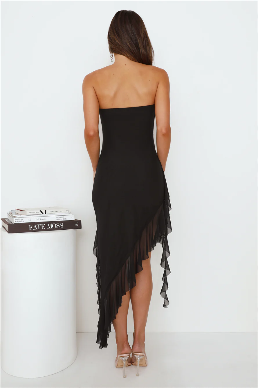 Social Status Strapless Mesh Frill Midi Dress Black